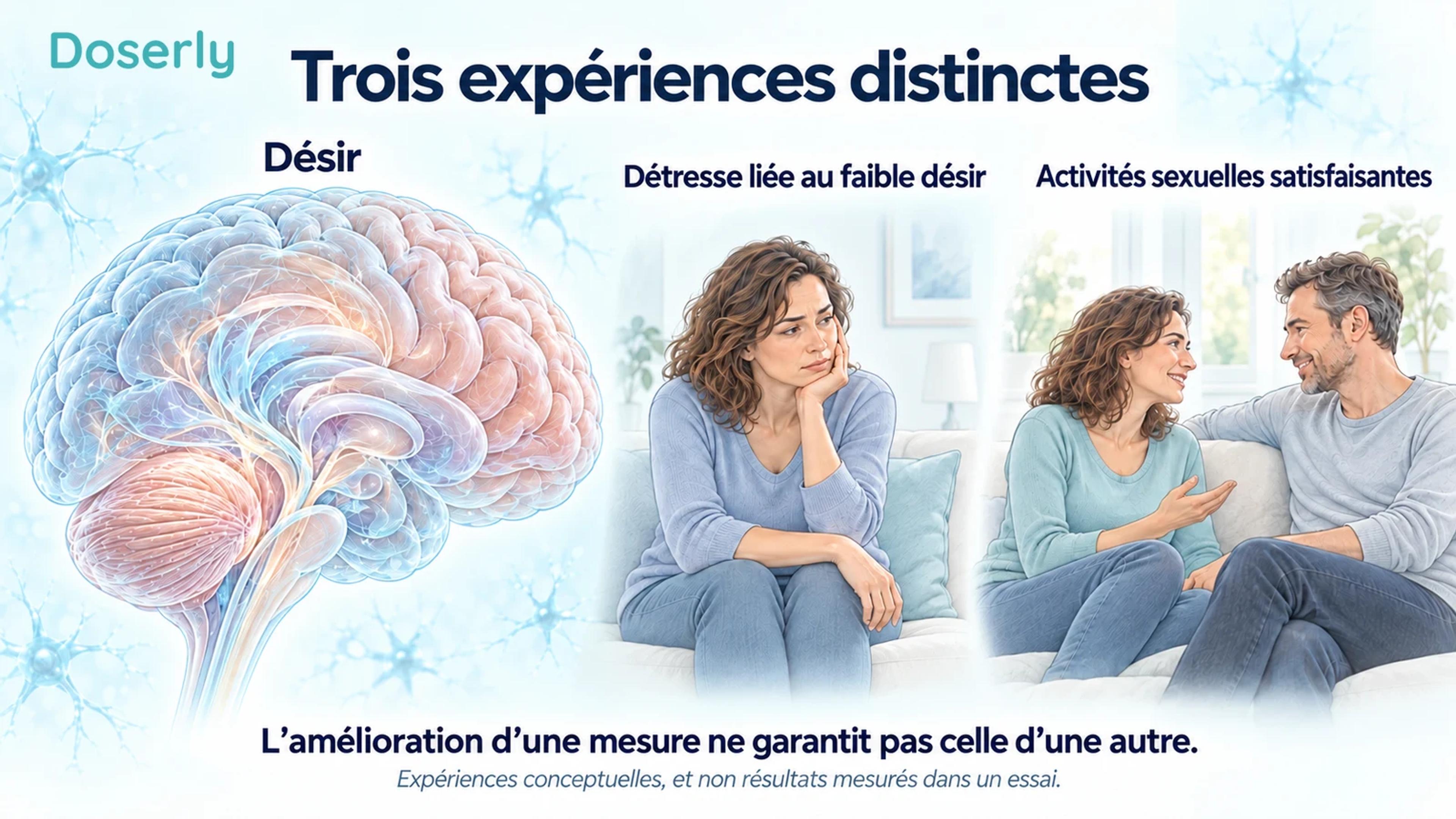 Une représentation conceptuelle de l’anatomie du cerveau, une femme adulte pensive et un couple illustrent le désir, la détresse et les activités sexuelles satisfaisantes comme des expériences distinctes.