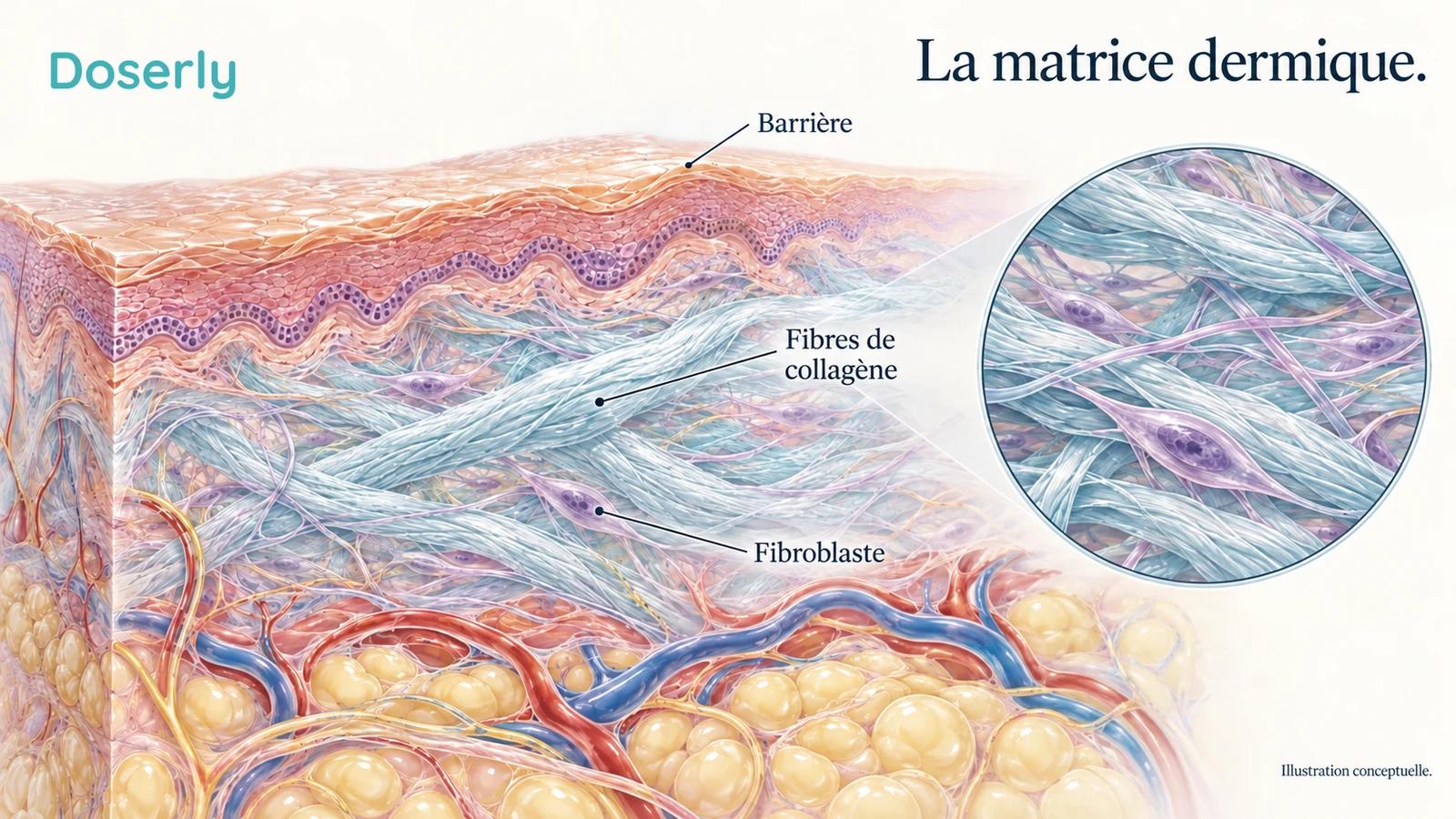 L’anatomie détaillée de la peau montre la barrière de surface au-dessus d’un réseau dermique de collagène, de fibres élastiques et de fibroblastes.
