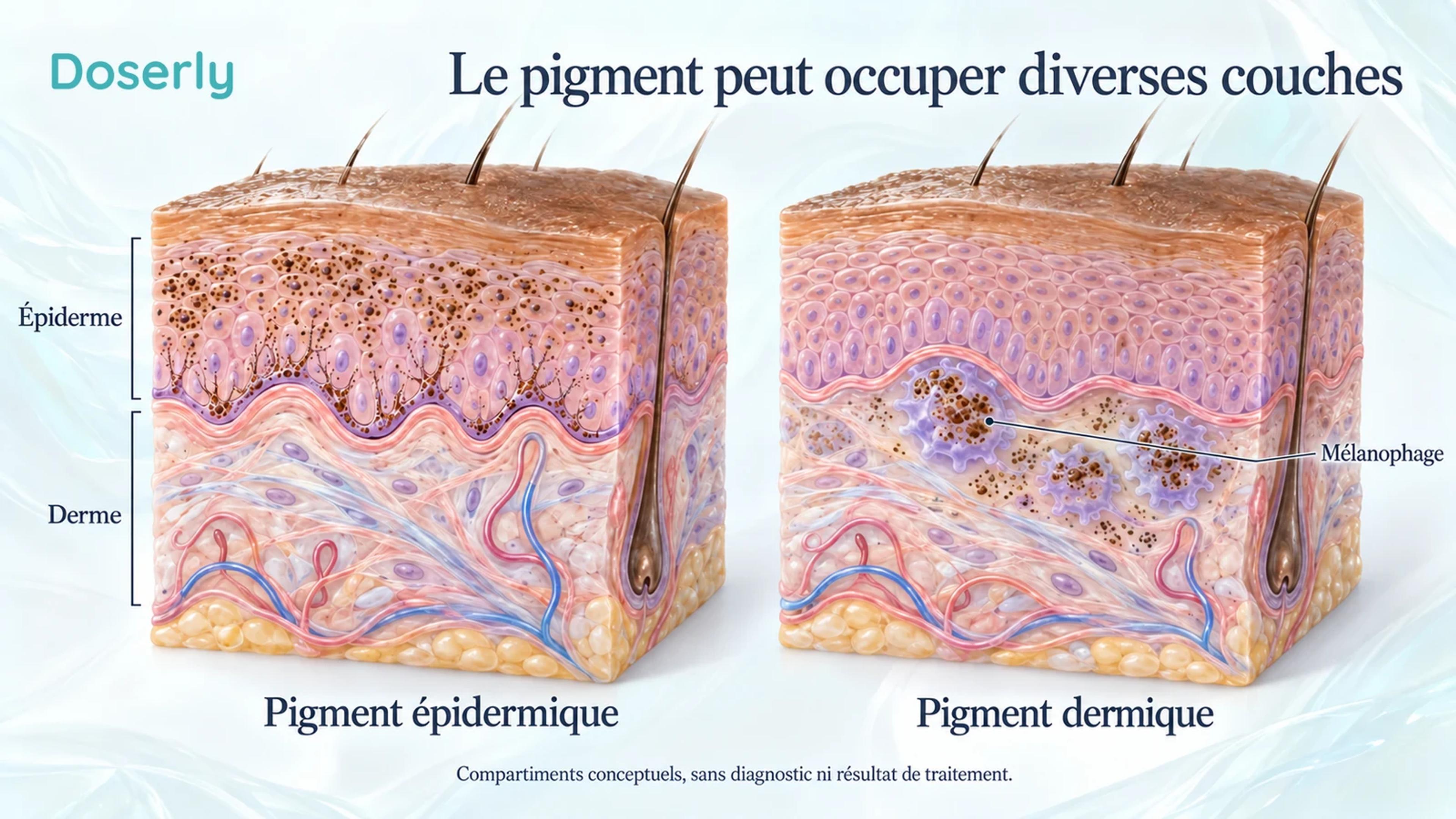 Deux coupes de peau distinguent le pigment dans les cellules épidermiques des mélanophages contenant du pigment dans le derme.