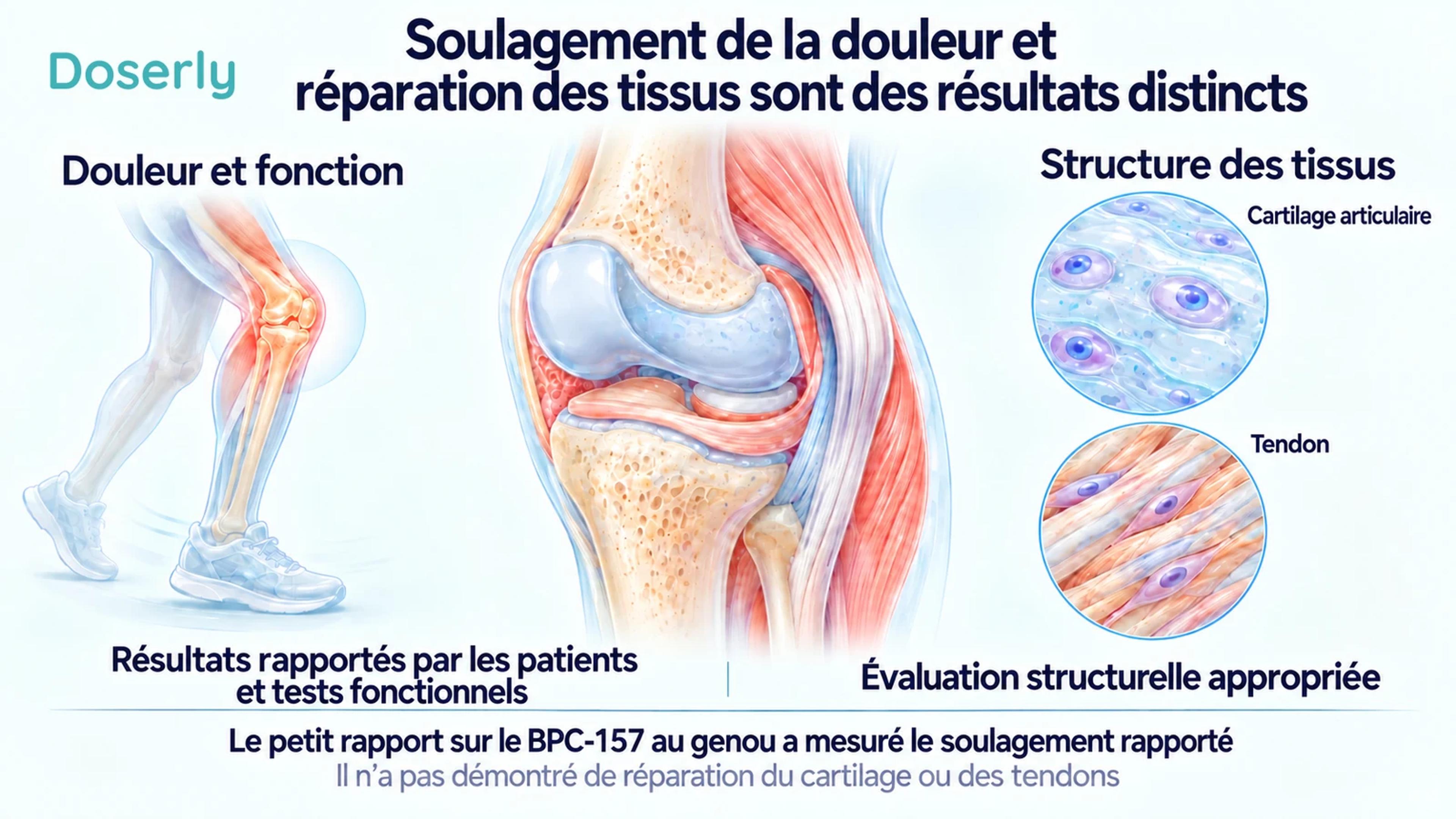 L’anatomie du genou, à côté d’illustrations du cartilage et du tissu tendineux, distingue la douleur et la fonction rapportées par les patients de l’évaluation structurelle.