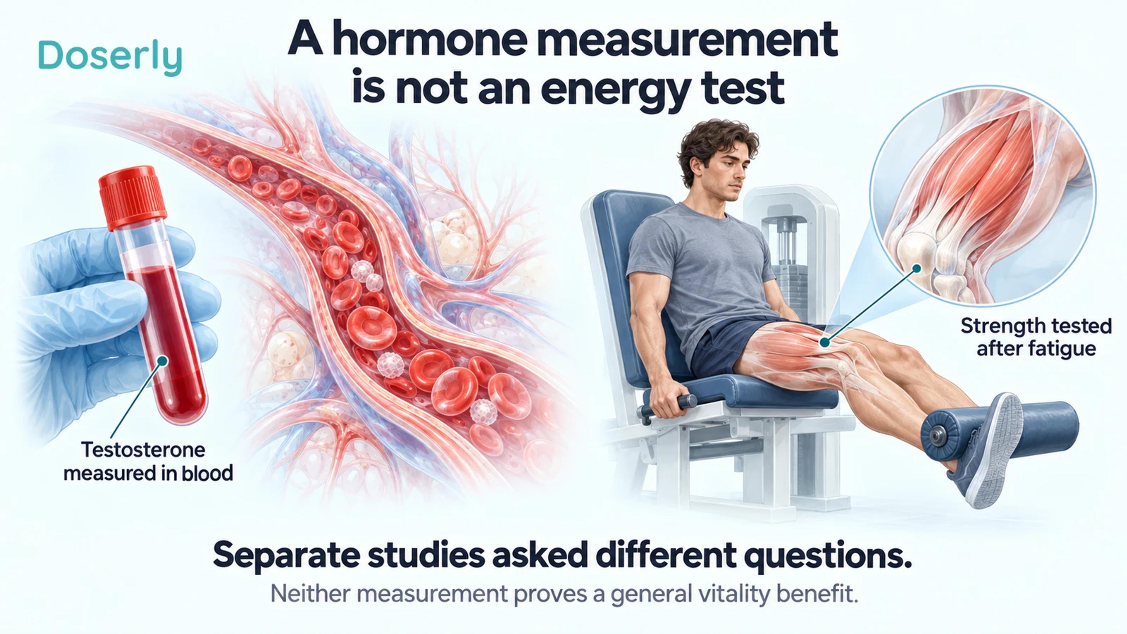 A blood sample and vessel beside a seated knee-extension test with quadriceps anatomy, separating hormone and physical-performance measurements.
