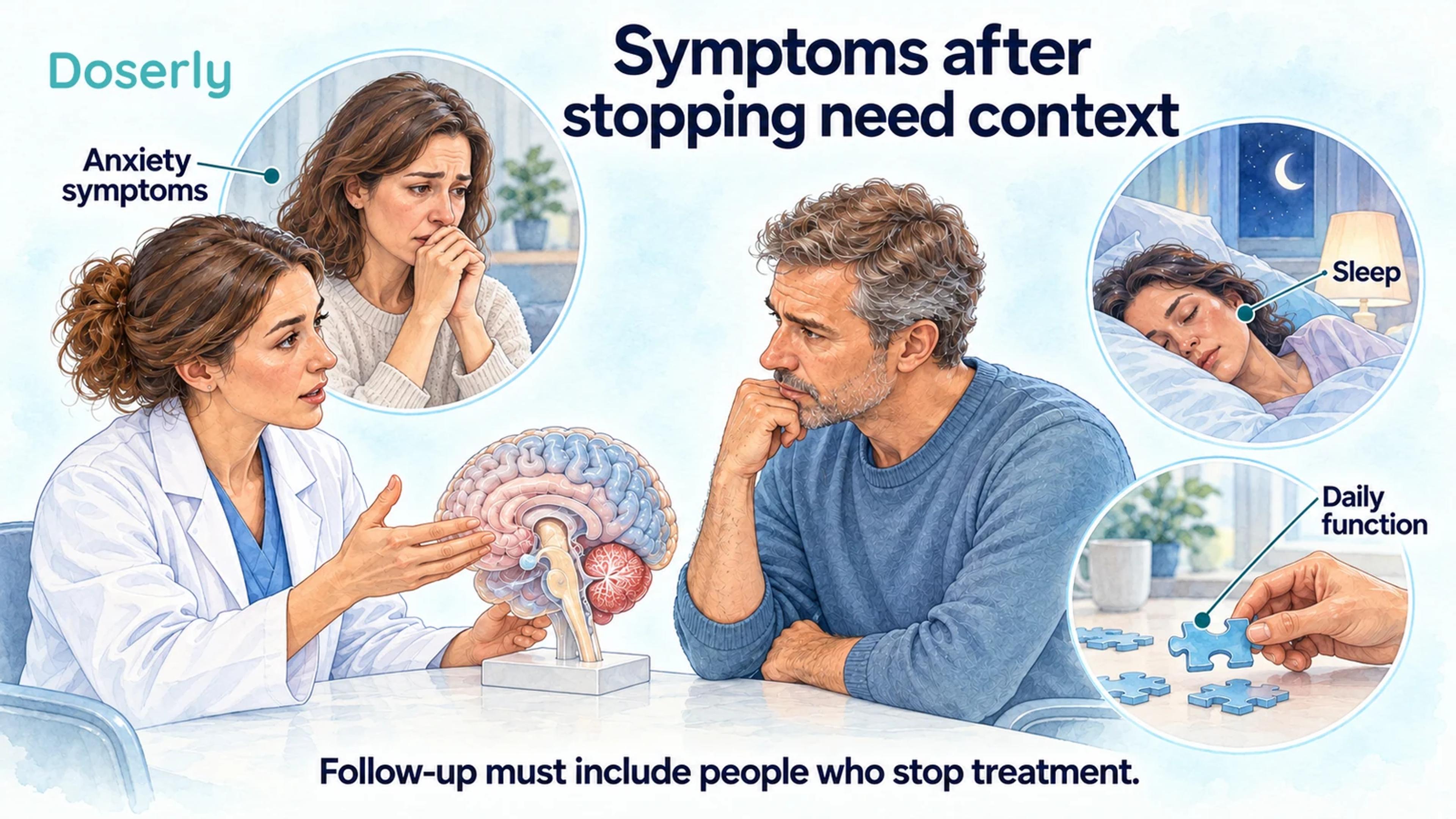 An illustrated clinical discussion with brain anatomy, sleep and daily-function scenes shows areas to assess after stopping treatment.