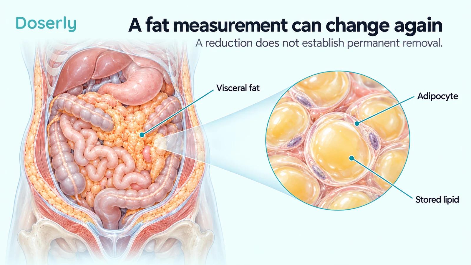 Abdominal visceral fat with a magnified illustration of intact adipocytes and their stored lipid