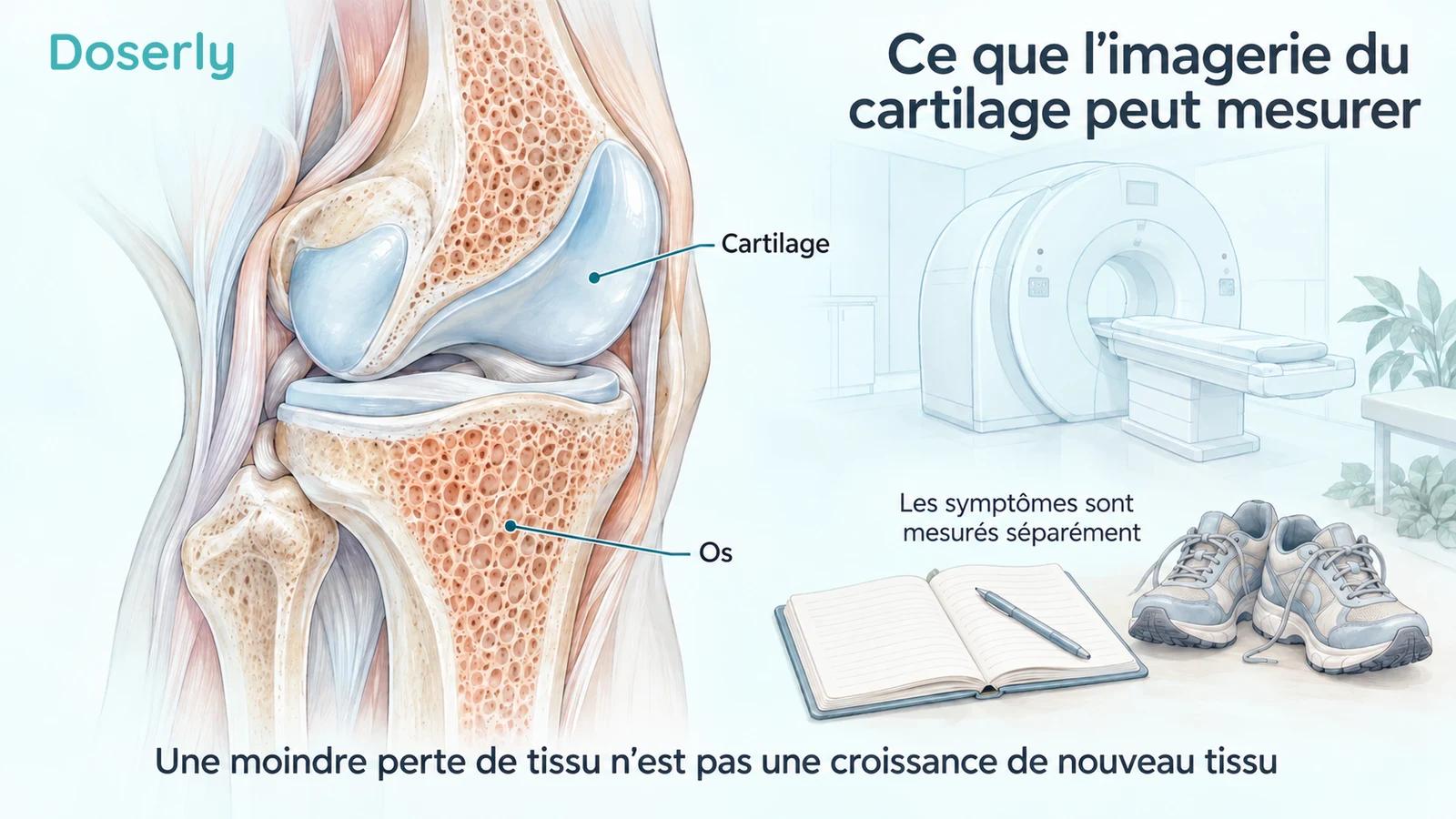 Une coupe détaillée du genou identifie le cartilage et l’os à côté d’un dessin d’appareil d’IRM, d’un journal des symptômes et de chaussures de marche.