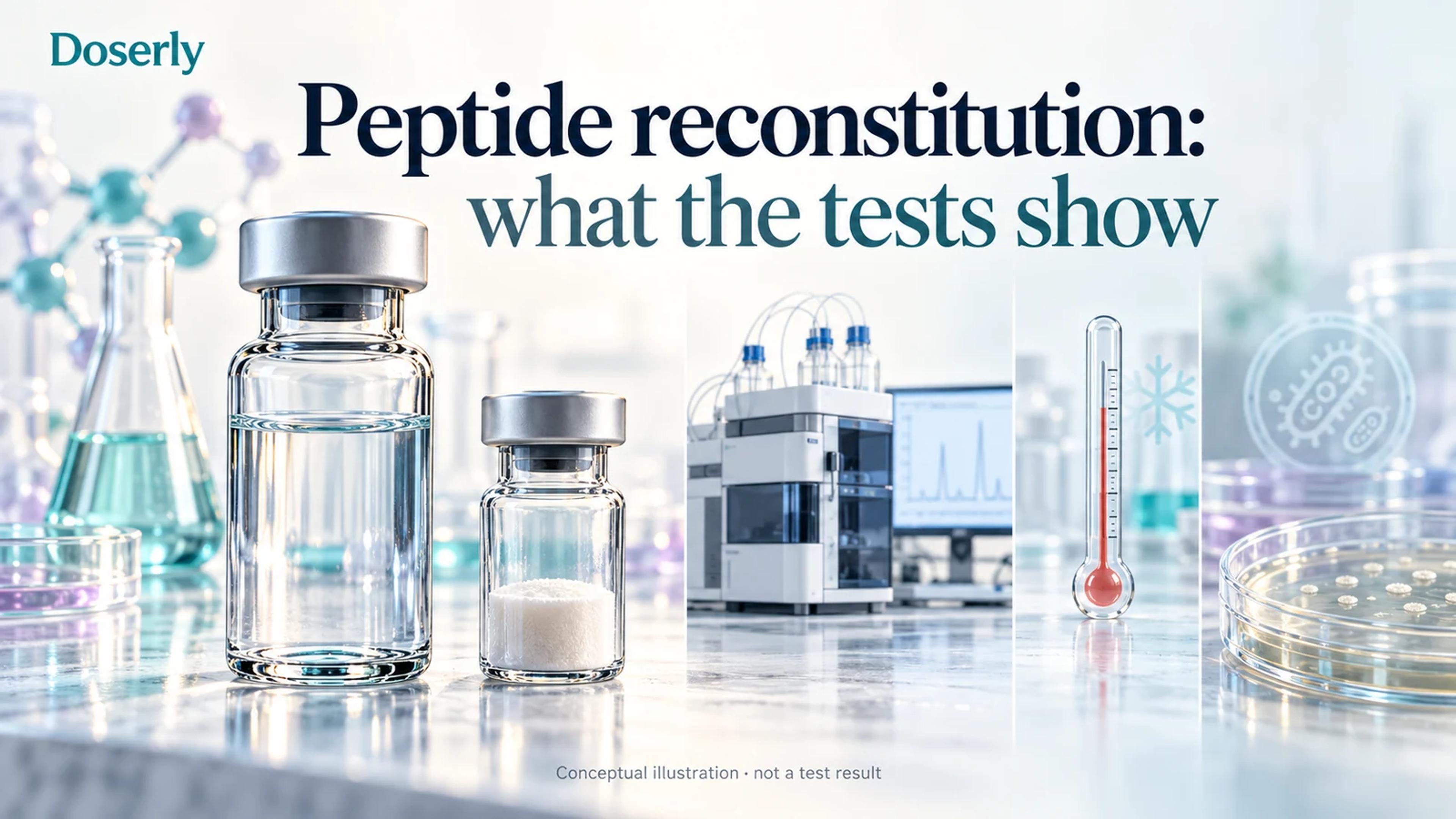 Peptide vials, a temperature probe, an analytical trace and a culture dish representing different questions about reconstitution.