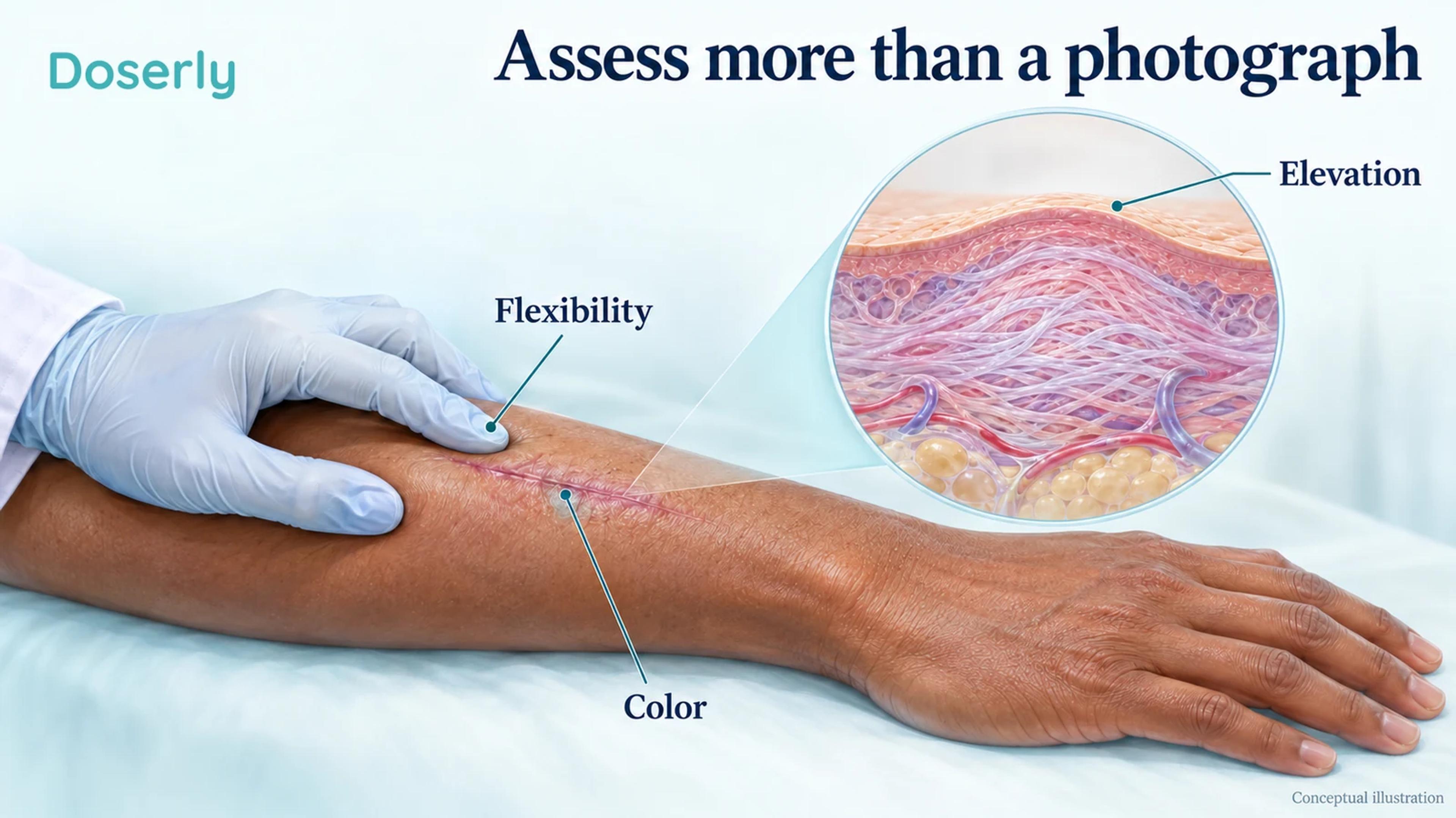 Conceptual clinician assessment of a healed forearm scar with gentle palpation and an adjacent magnified cross section.