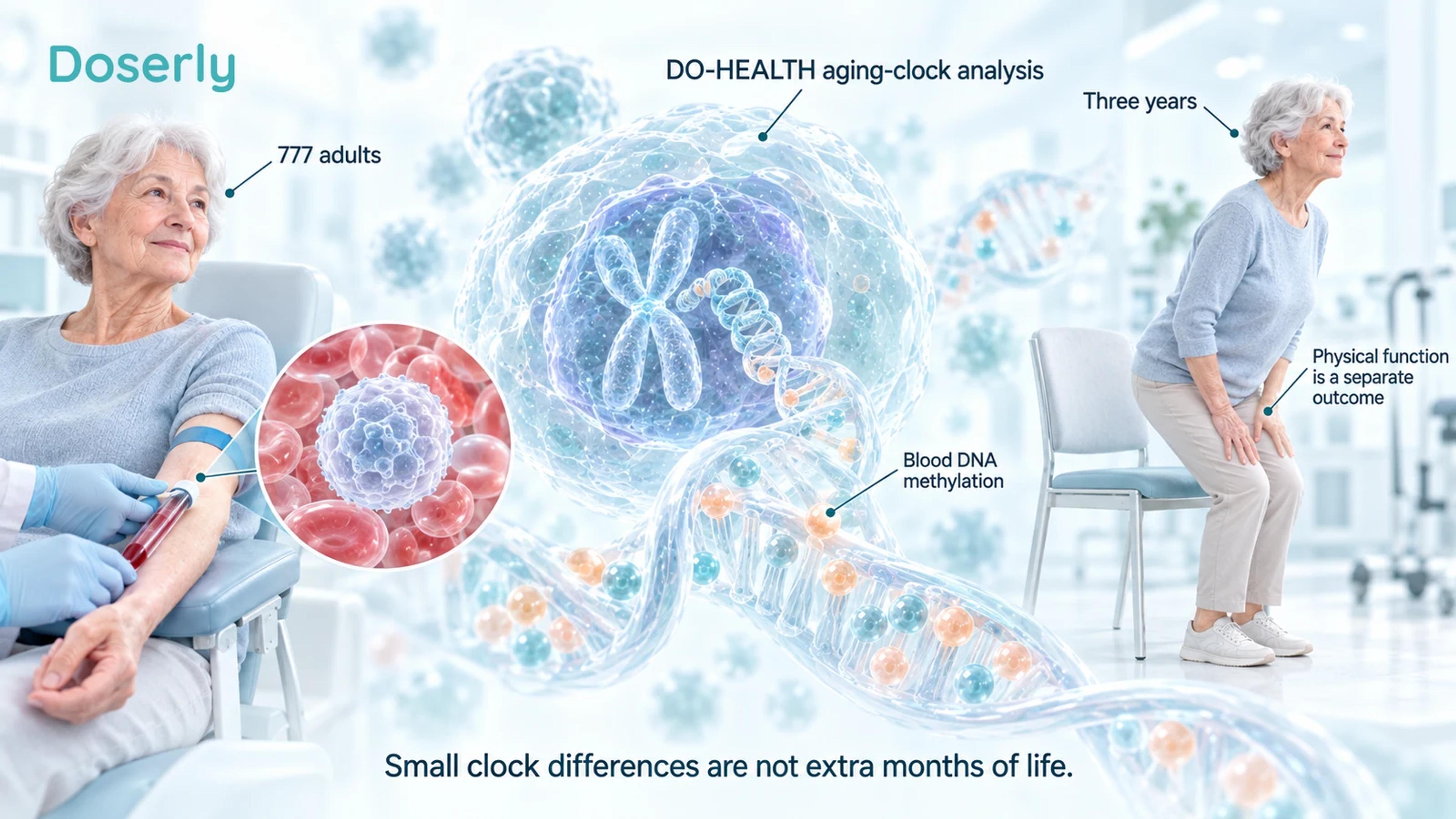 Blood sampling, magnified cellular DNA and a chair-rise assessment illustrate different measurements in older adults.
