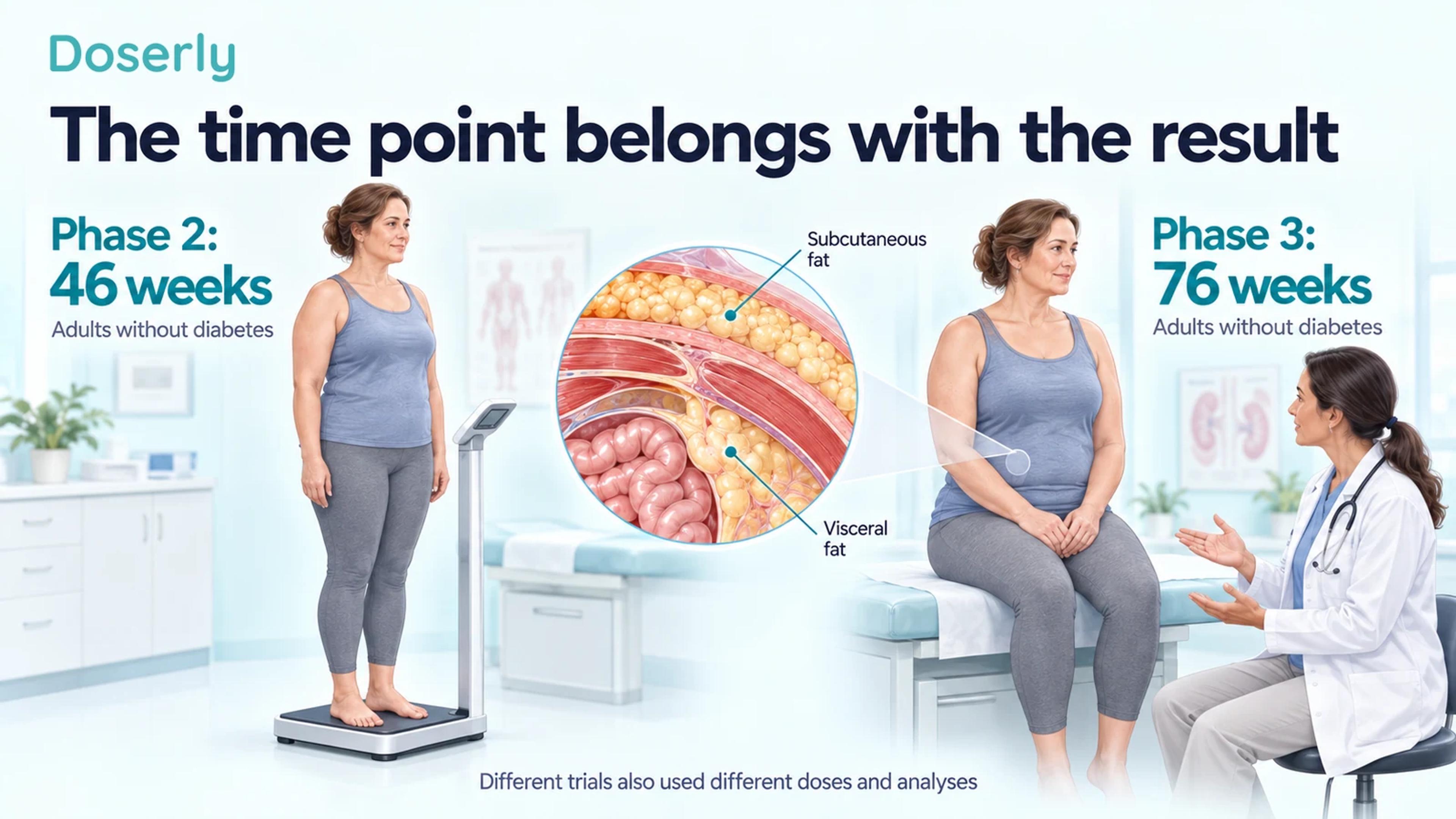 Two conceptual clinical scenes labeled phase 2 at 46 weeks and phase 3 at 76 weeks, with an illustrated fat-tissue inset.