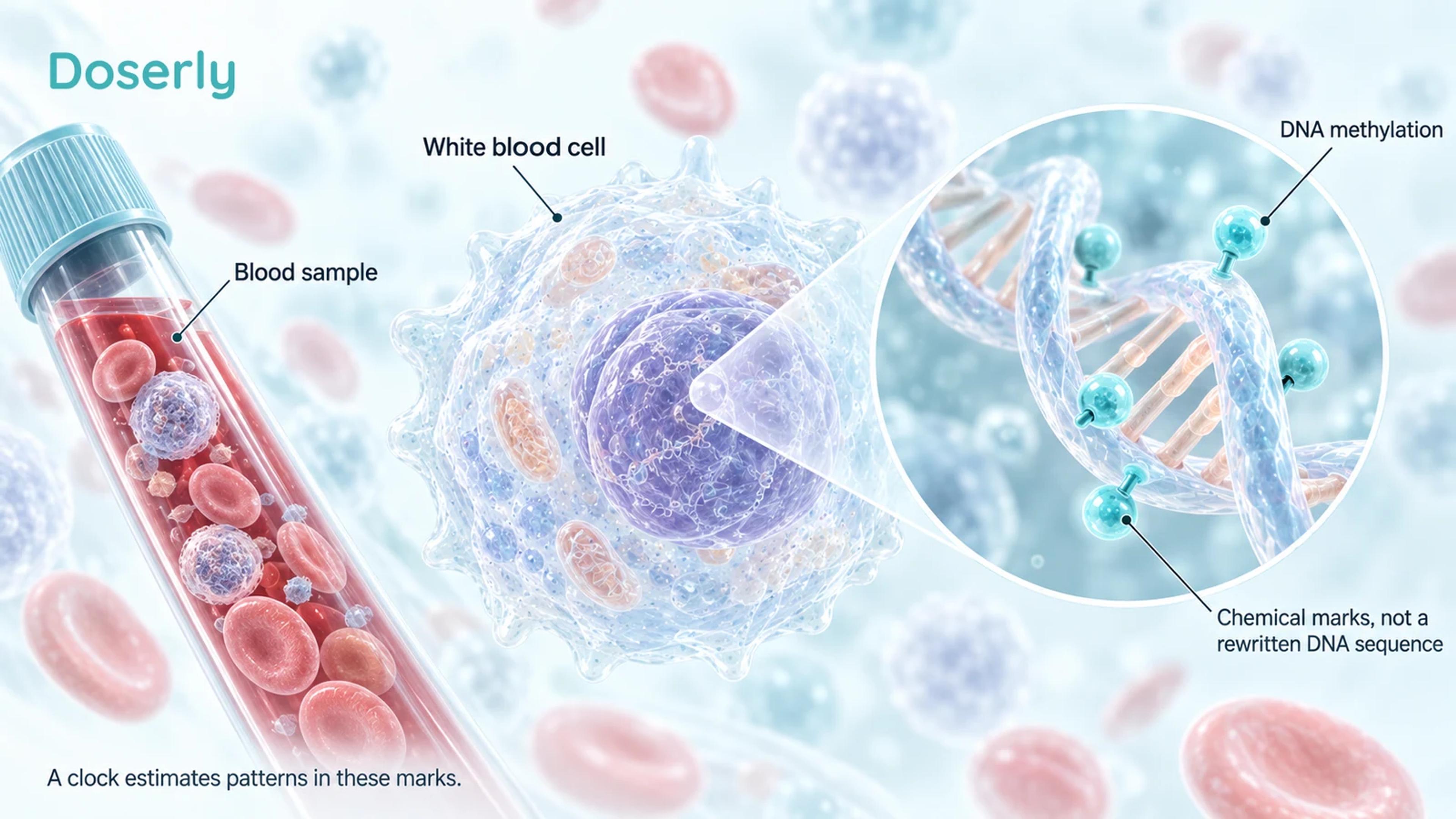 A blood sample, white blood cell and magnified DNA illustrate methylation marks used by epigenetic clocks.