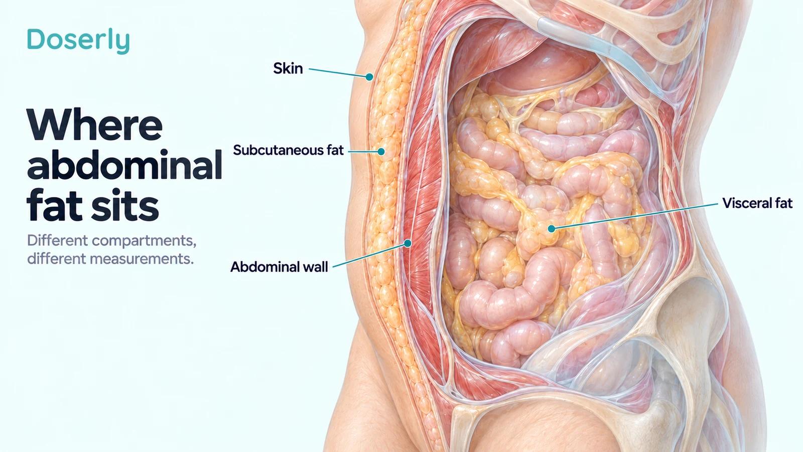 Detailed abdominal cutaway showing subcutaneous fat outside the muscle wall and visceral fat around the bowel