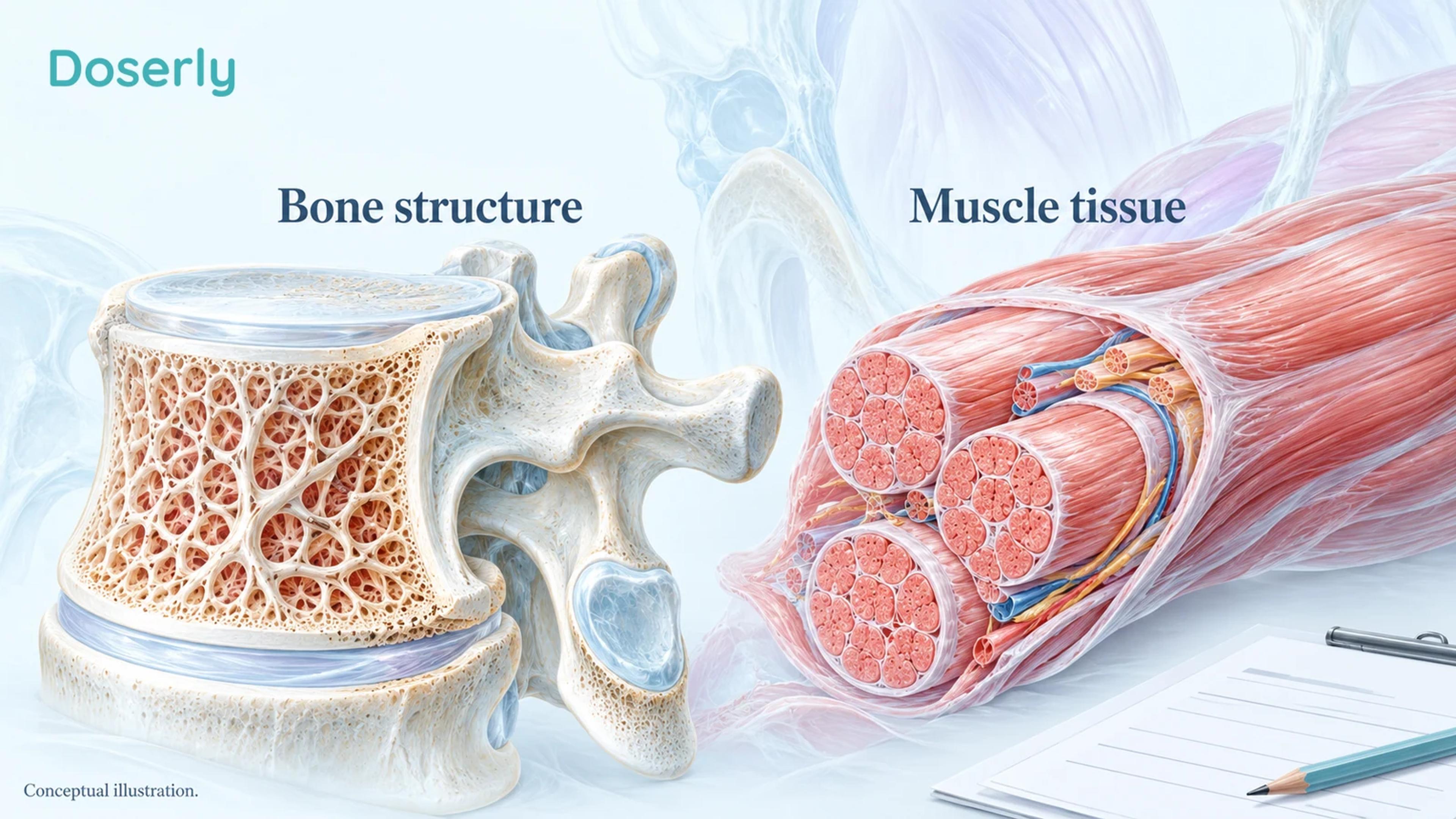 Conceptual vertebral trabecular bone and skeletal muscle appear beside an unnumbered assessment document.
