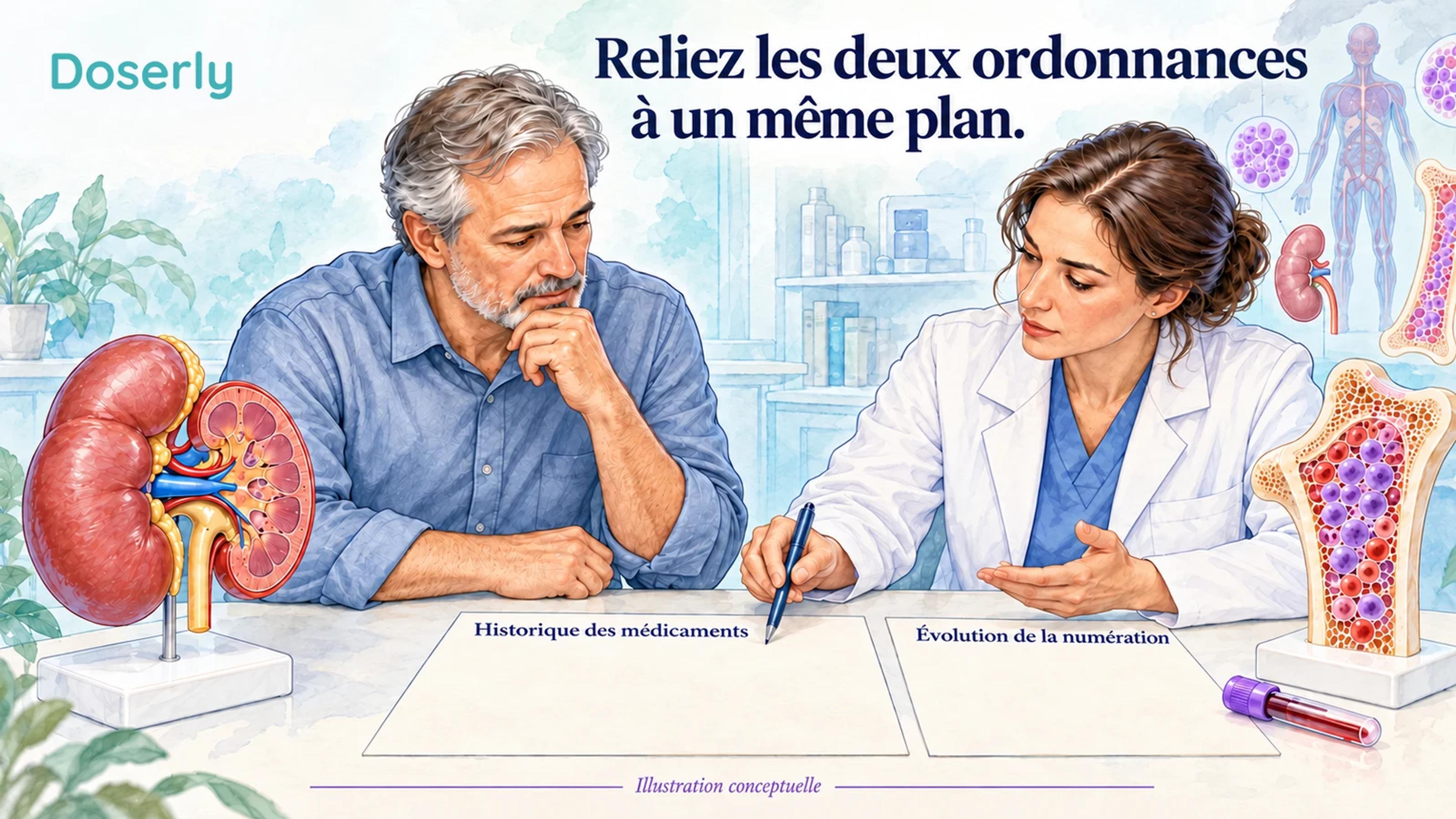 Un patient et un clinicien examinent les dates de médication à côté d’échantillons sanguins et de modèles anatomiques du rein et de la moelle.