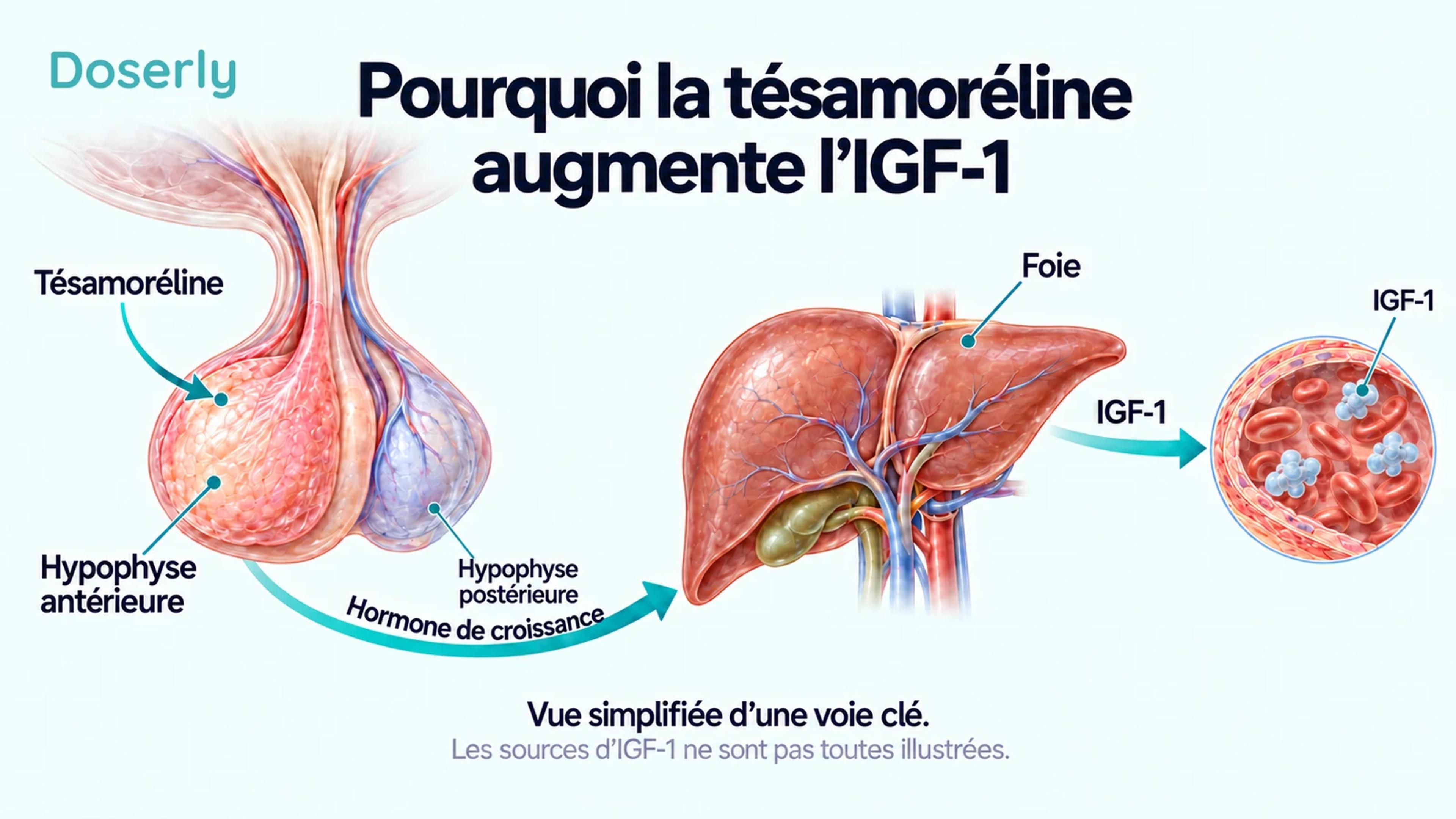 Schéma conceptuel de la voie endocrinienne, de la stimulation de l’hypophyse antérieure par la tésamoréline à l’IGF-1 d’origine hépatique, en passant par l’hormone de croissance