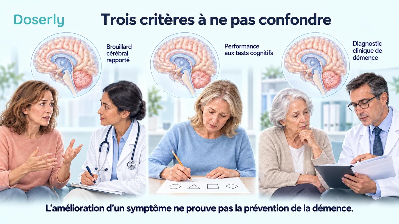 Trois consultations cliniques illustrées distinguent le brouillard cérébral rapporté, la performance aux tests cognitifs et le diagnostic clinique de démence.