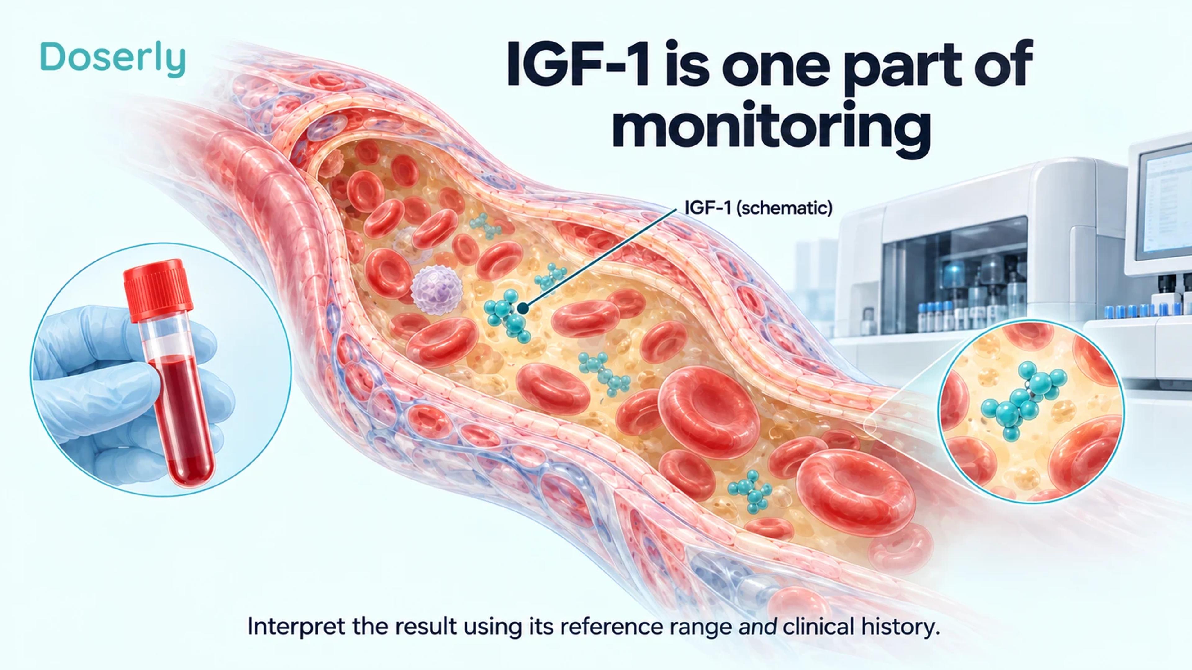 Illustrated blood vessel, schematic IGF-1 molecules, blood sample, and laboratory analyzer