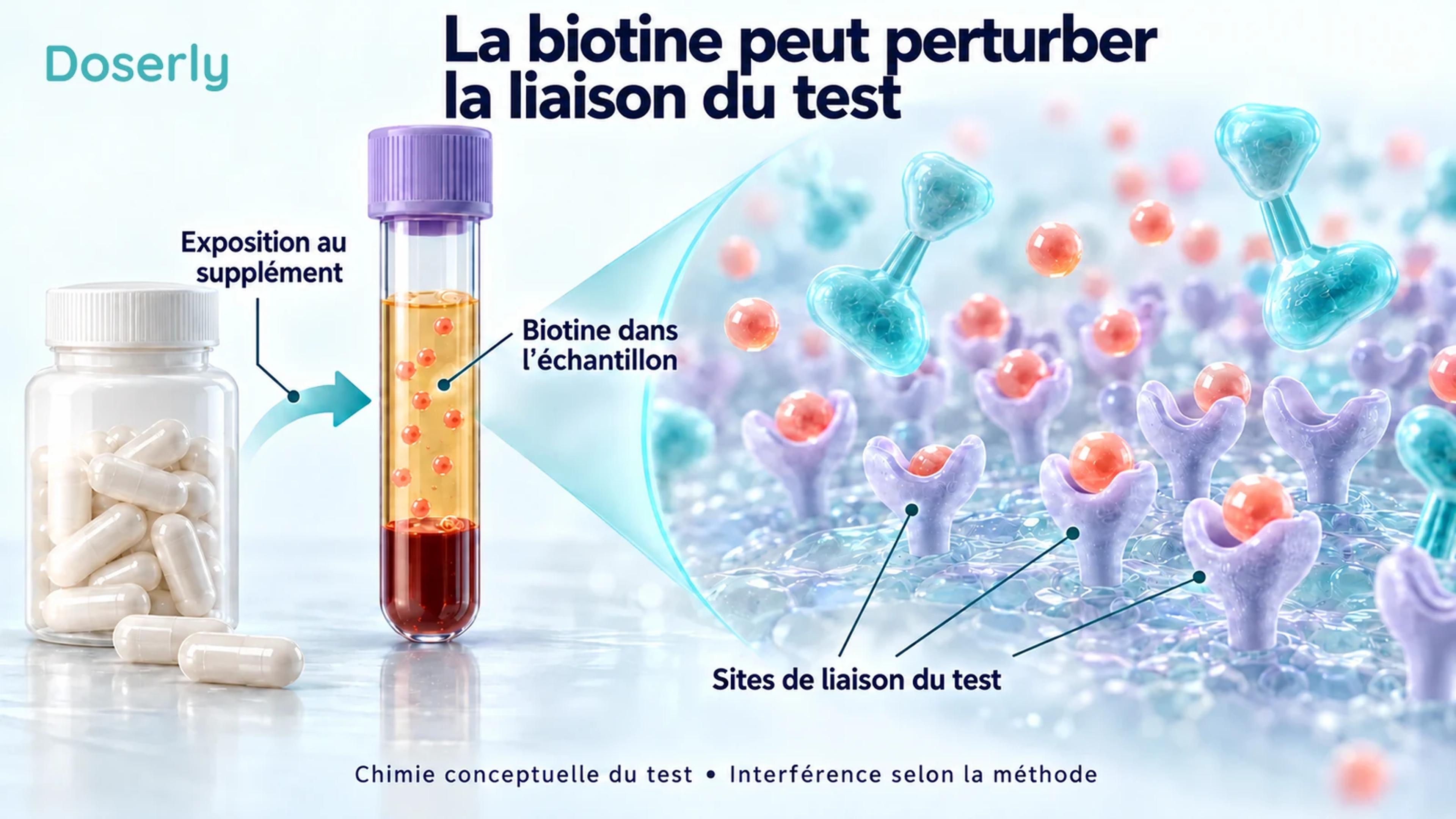 Un contenant de supplément et un échantillon de sérum côtoient une surface de liaison schématique agrandie, où de petites sphères corail représentent l’excès de biotine.
