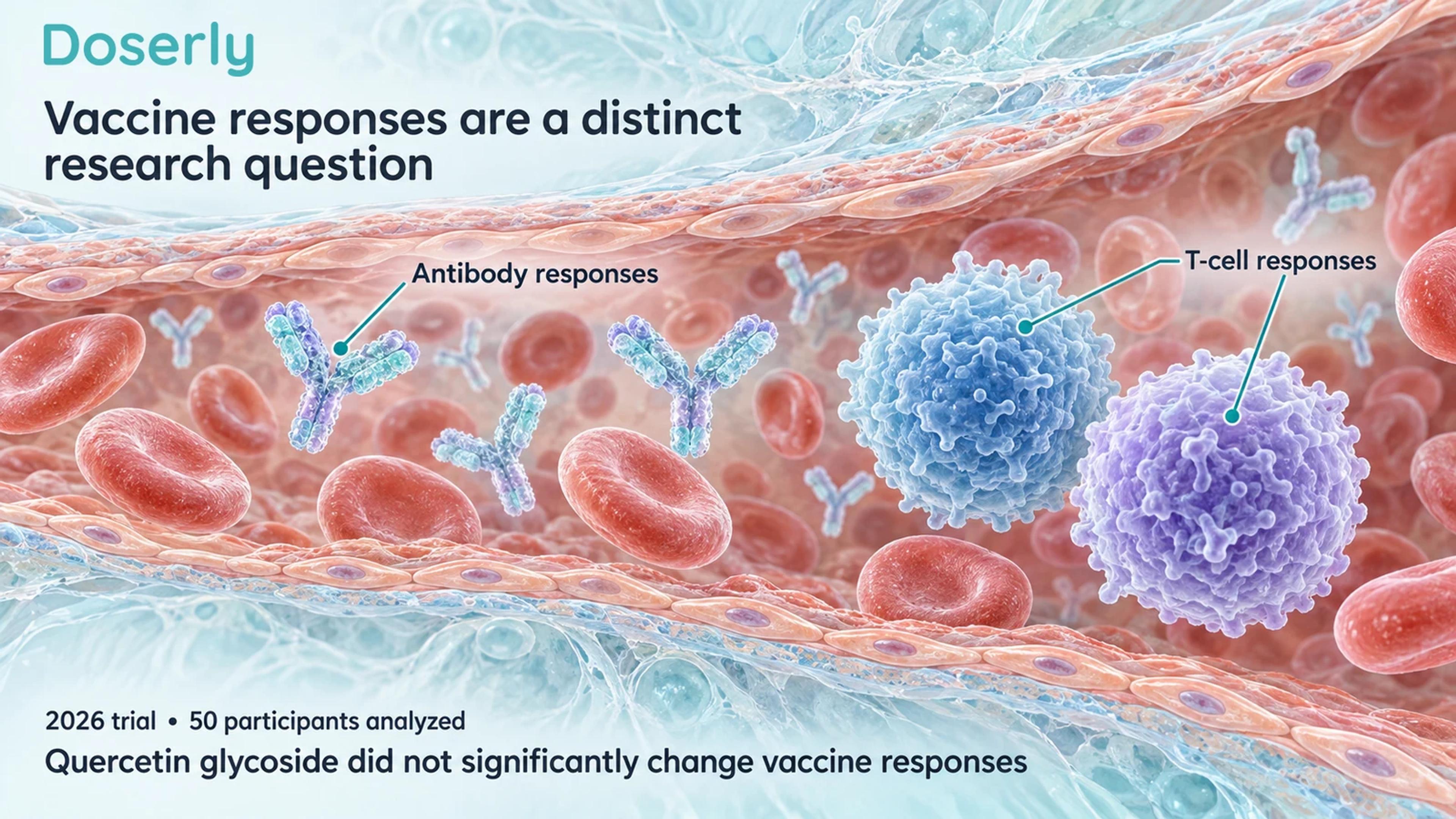 A detailed conceptual blood-vessel scene shows antibodies and lymphocytes as separate measurements in the 2026 vaccine-response trial.