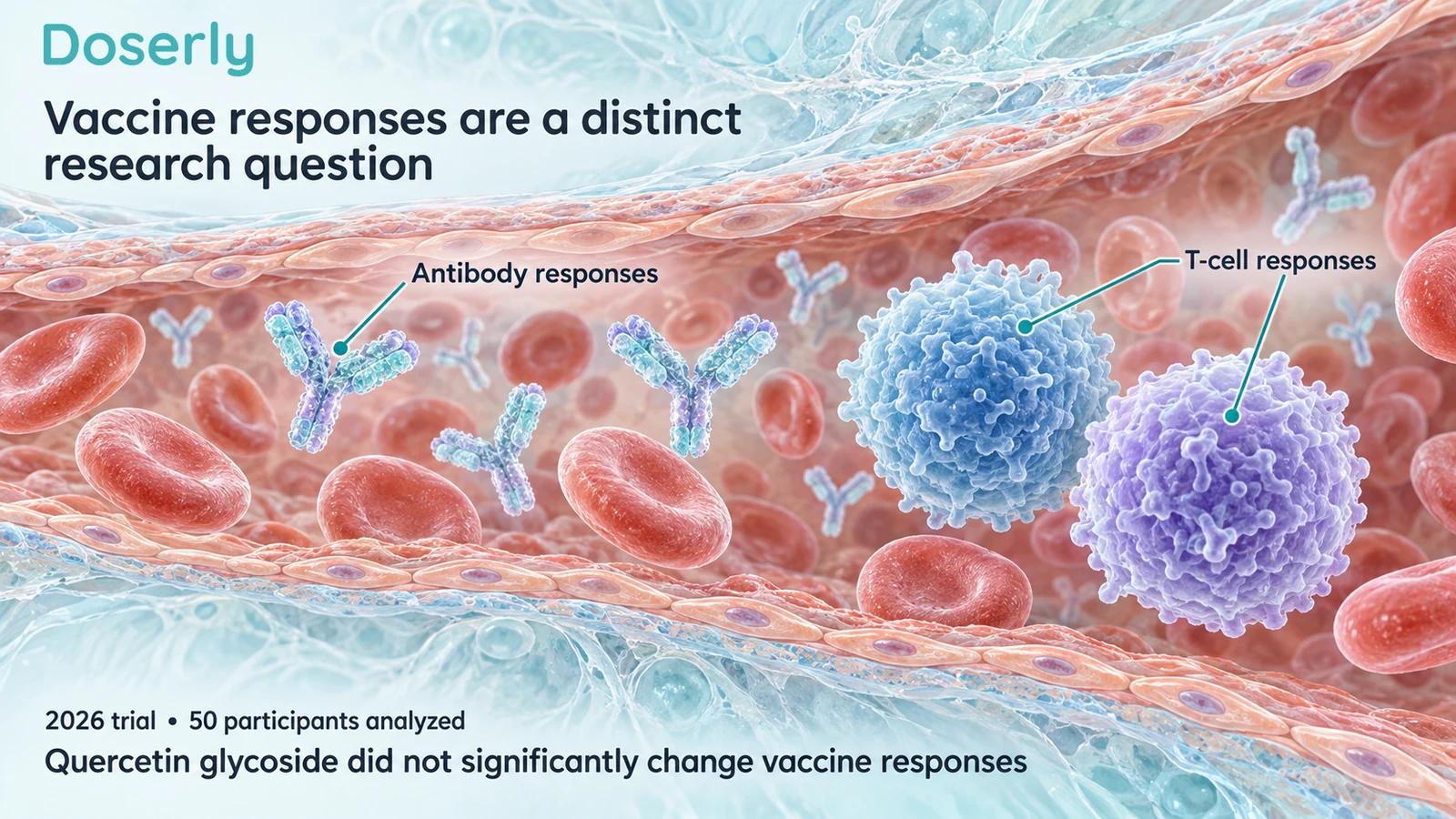 A detailed conceptual blood-vessel scene shows antibodies and lymphocytes as separate measurements in the 2026 vaccine-response trial.