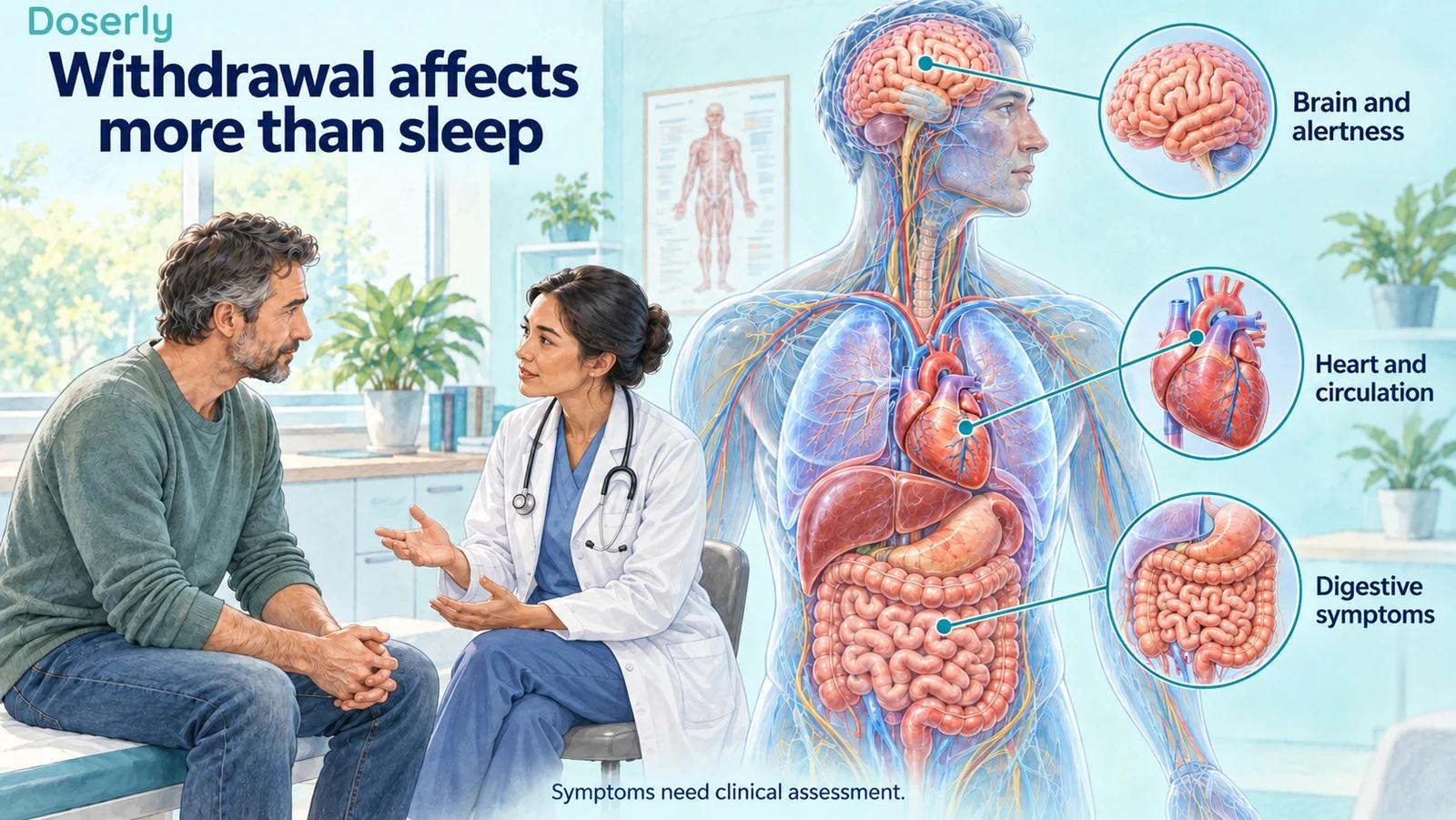 A clinician assessing an adult beside a translucent body illustration highlighting brain, heart and digestive systems.