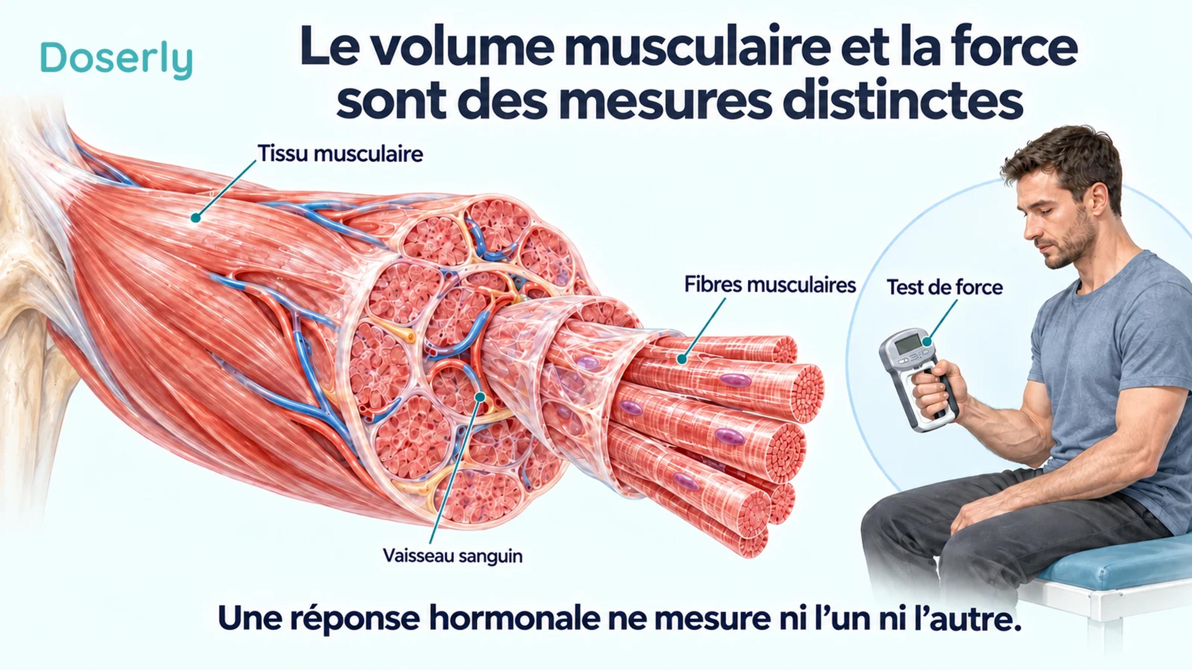 Fibres musculaires squelettiques détaillées à côté d’un adulte qui passe un test de force de préhension.