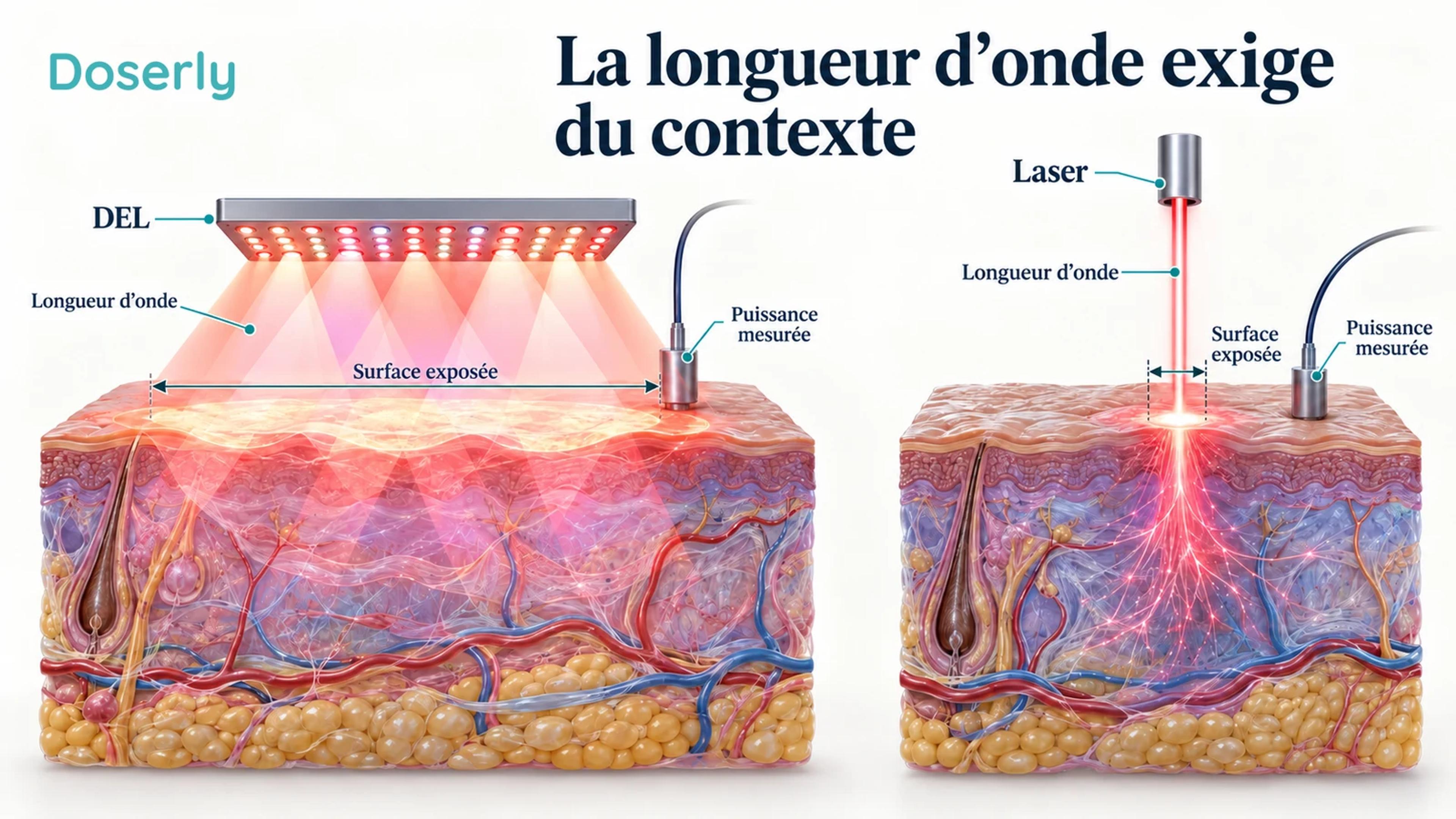 Une source DEL et une source laser étroite éclairent des sections conceptuelles distinctes de peau, avec la longueur d’onde, la surface exposée et la puissance mesurée indiquées.