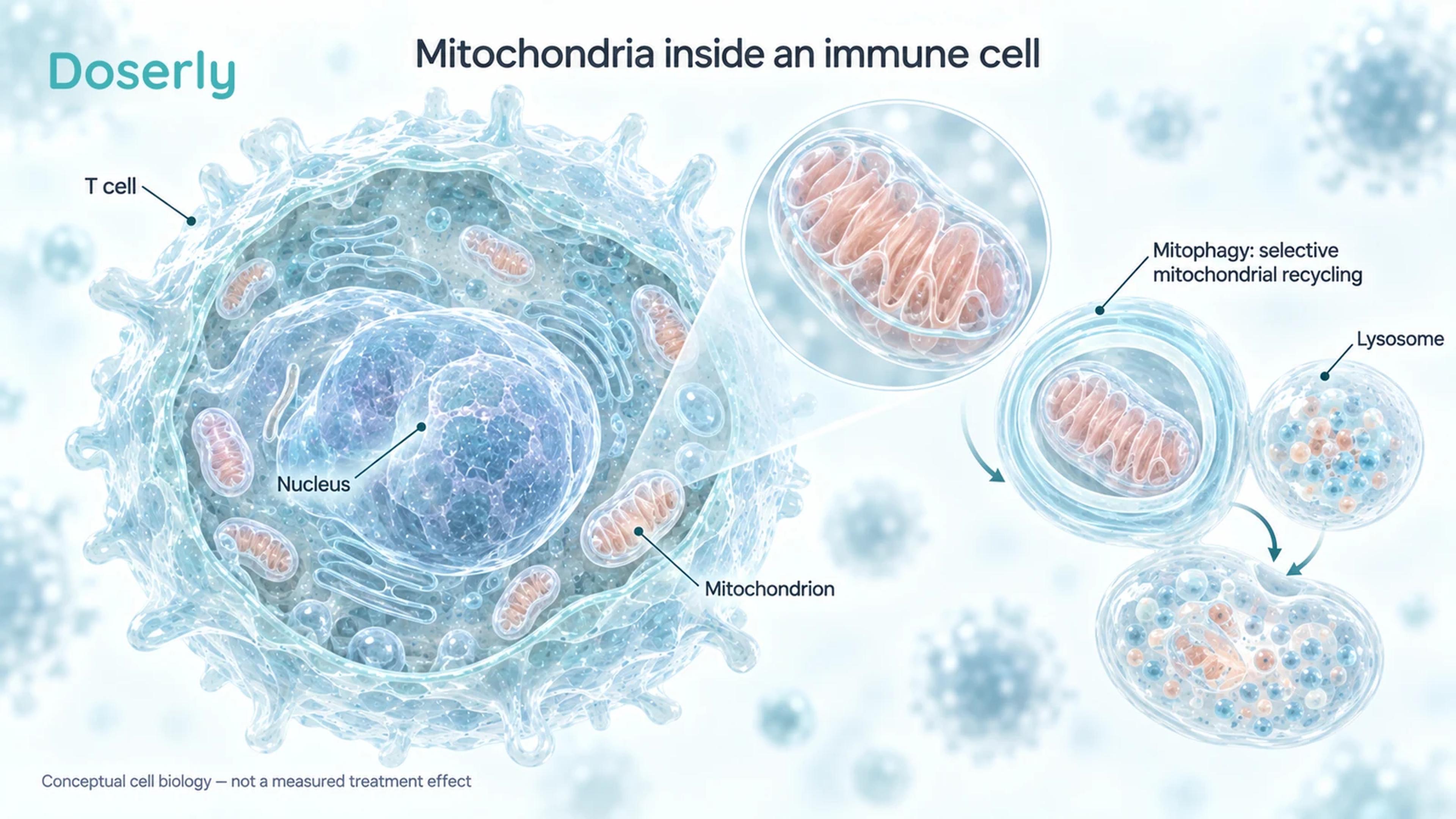 Translucent T cell with a nucleus, mitochondria and a conceptual mitochondrial recycling process.