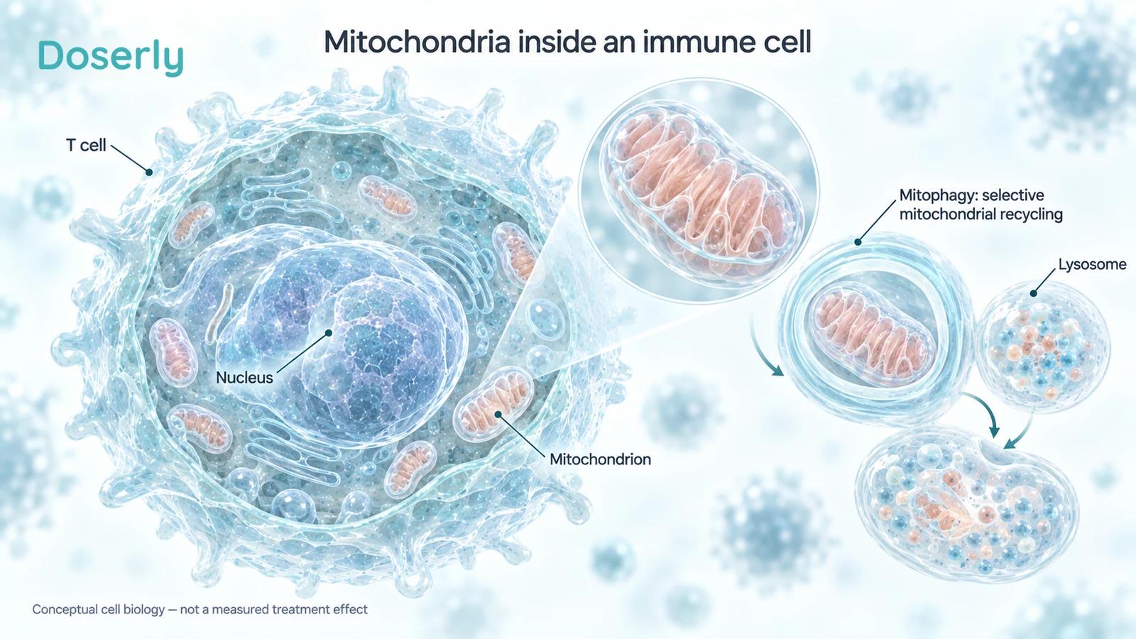 Translucent T cell with a nucleus, mitochondria and a conceptual mitochondrial recycling process.