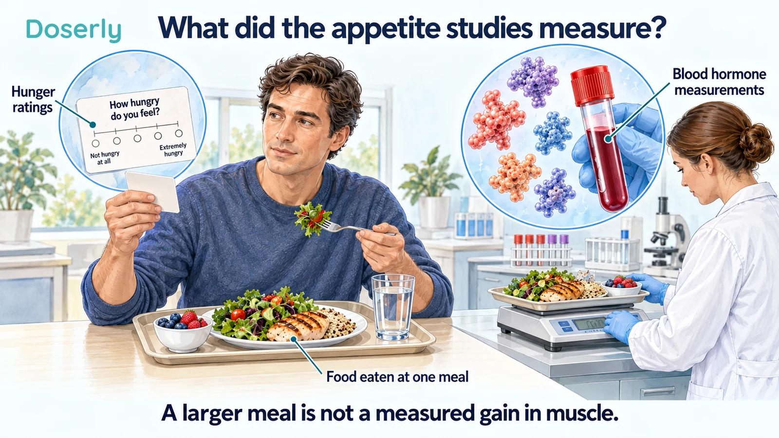 A painted participant uses a subjective hunger scale beside a research meal and tray weighing, with a separate blood-hormone inset.