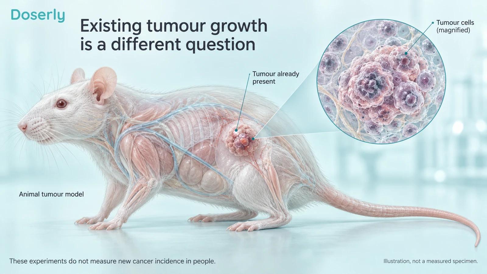 Illustrated laboratory rat with a localized established tumour and a magnified conceptual tumour-cell view.