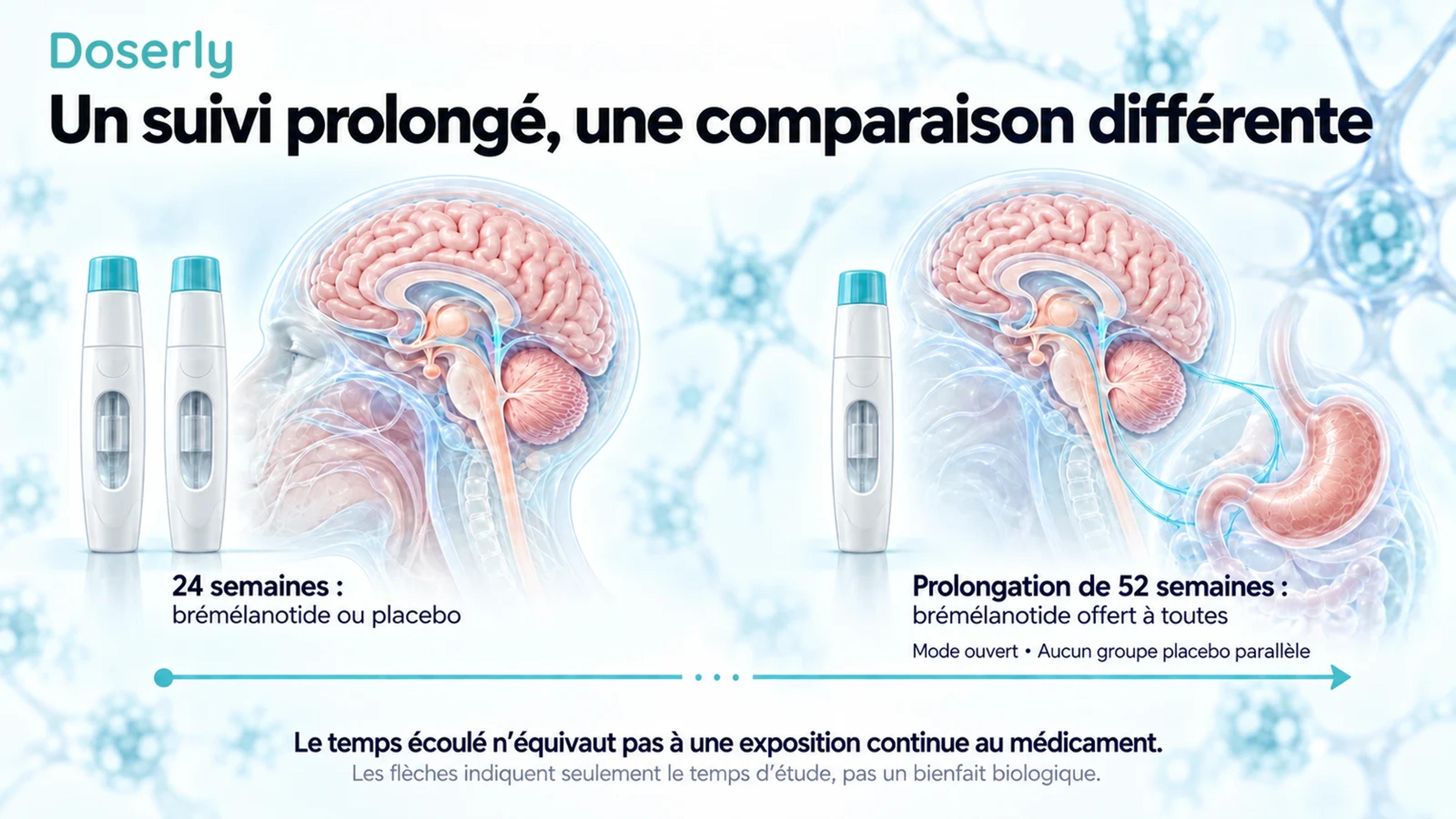 Chronologie illustrée distinguant une phase de 24 semaines sous brémélanotide ou placebo d’une prolongation ouverte de 52 semaines sans groupe placebo parallèle.