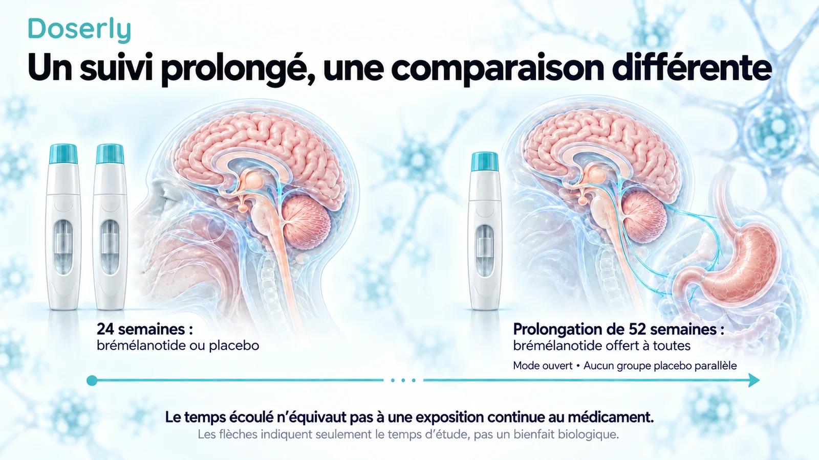 Chronologie illustrée distinguant une phase de 24 semaines sous brémélanotide ou placebo d’une prolongation ouverte de 52 semaines sans groupe placebo parallèle.
