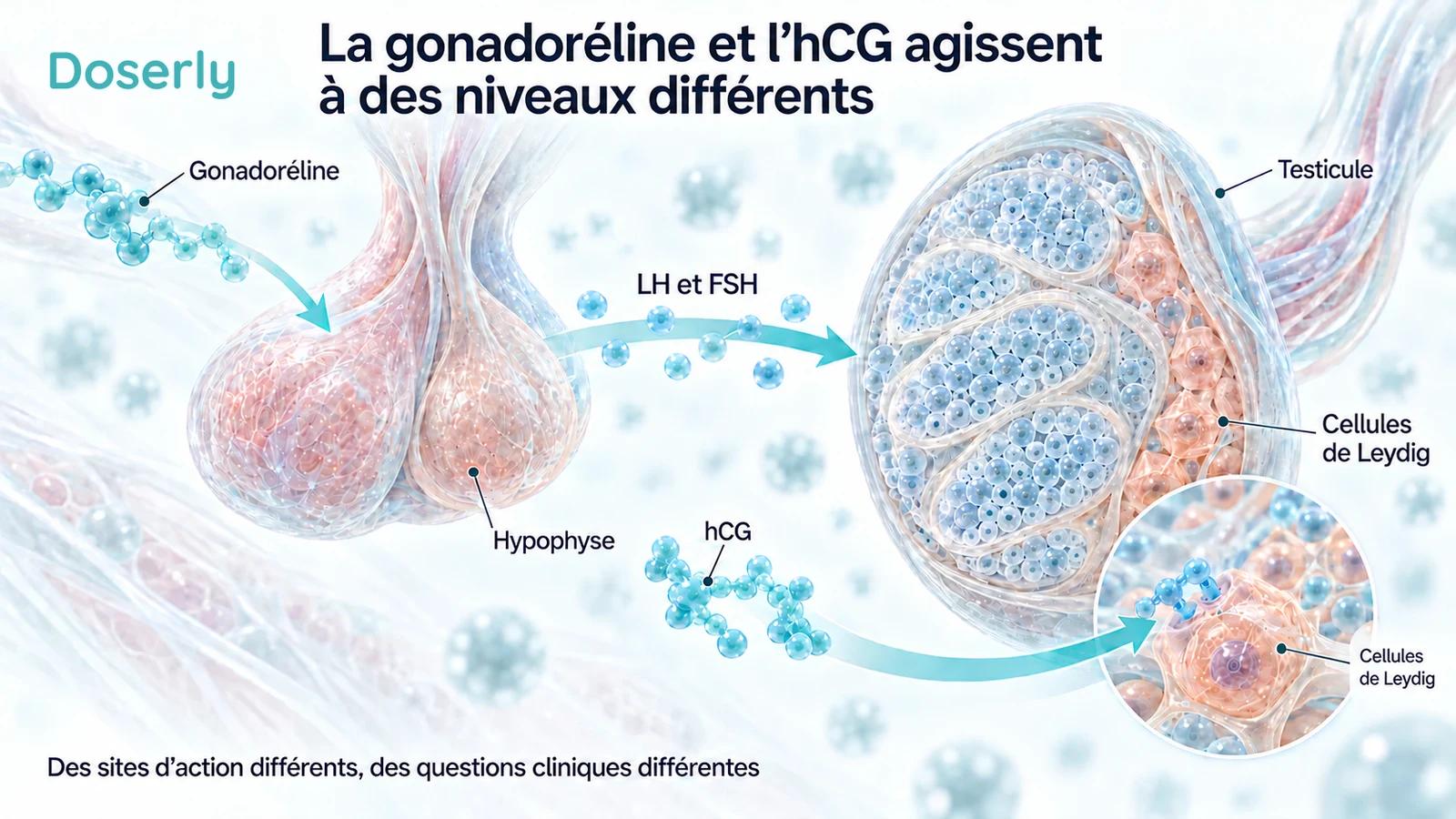 La gonadoréline envoie des signaux vers une hypophyse isolée, tandis que l’hCG suit une flèche distincte directement vers les cellules de Leydig, à côté du tissu testiculaire qui produit les spermatozoïdes.