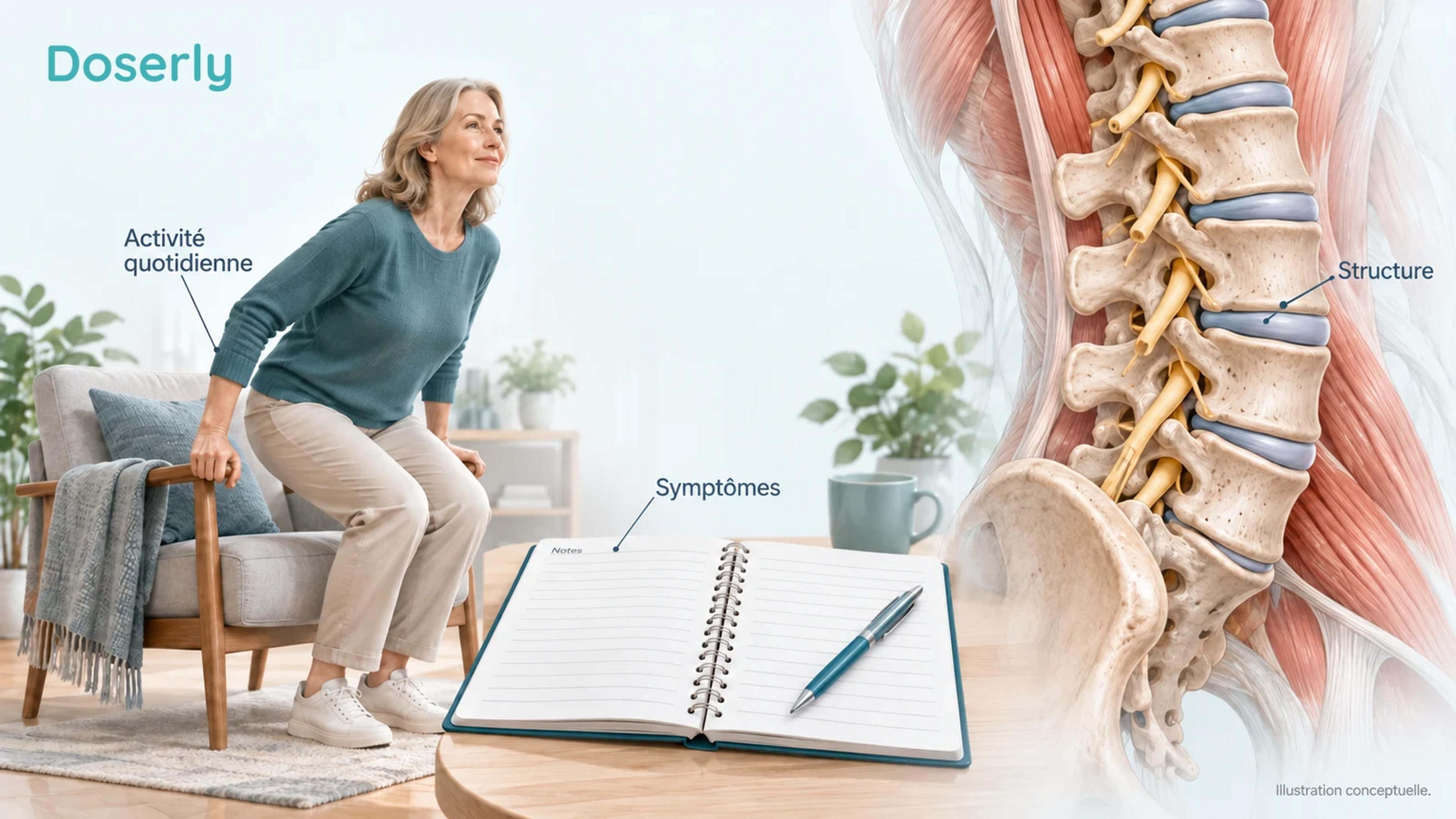 Modèle conceptuel de la colonne lombaire à côté d’une personne effectuant confortablement un mouvement du quotidien et d’un journal de symptômes vierge, sans images médicales avant-après.