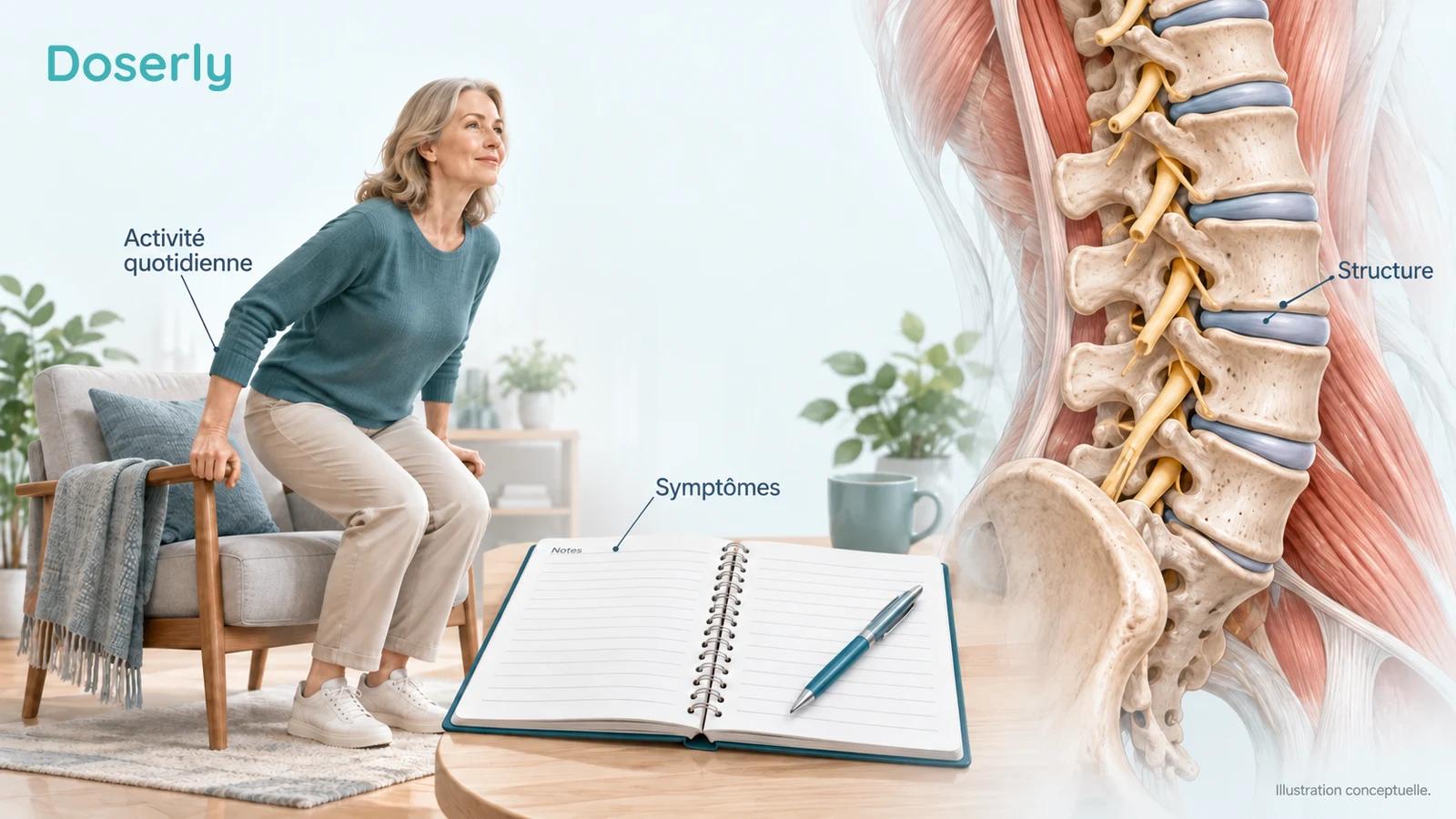 Modèle conceptuel de la colonne lombaire à côté d’une personne effectuant confortablement un mouvement du quotidien et d’un journal de symptômes vierge, sans images médicales avant-après.