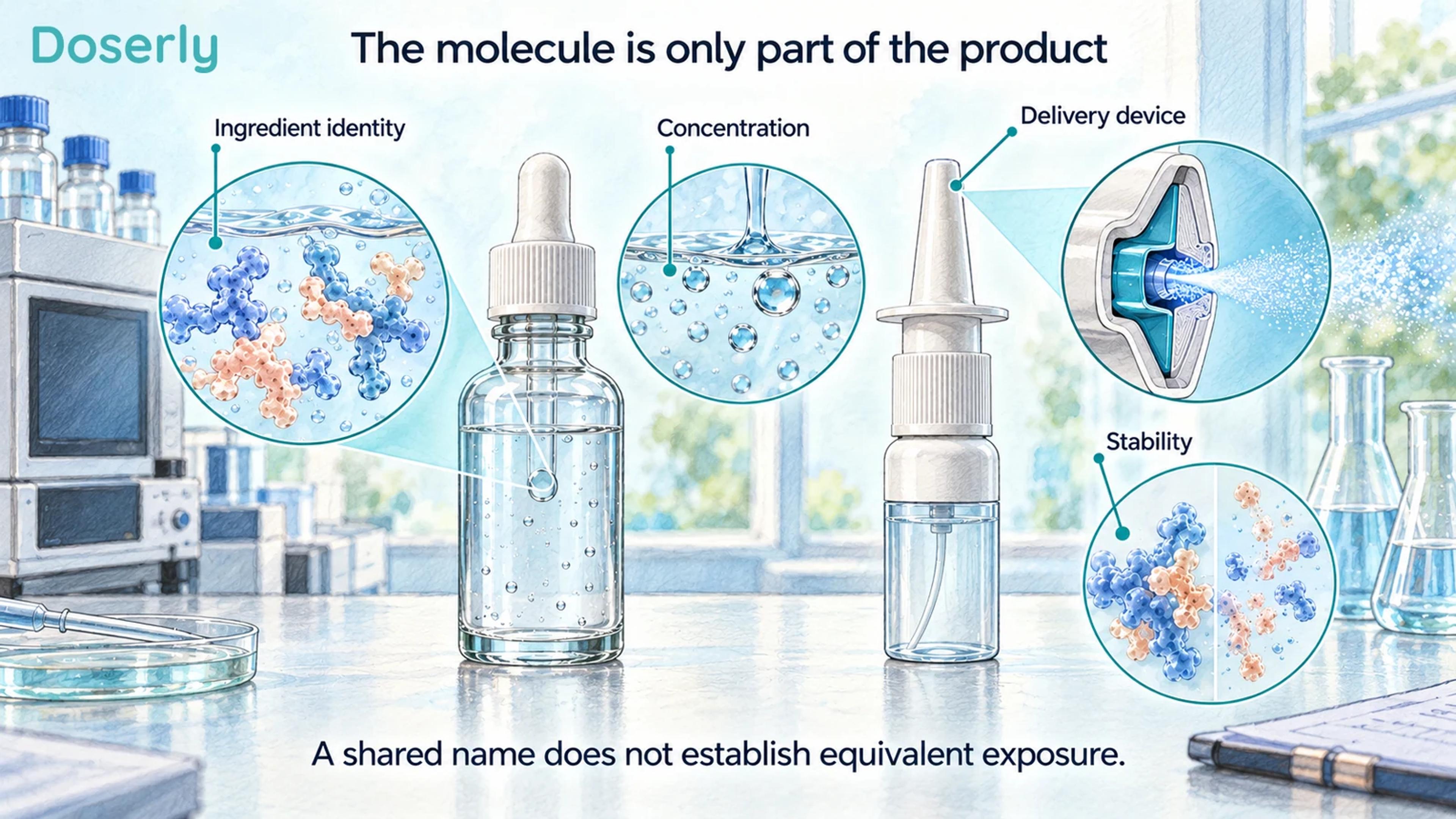 A dropper bottle and nasal spray beside conceptual liquid, nozzle and stability details.