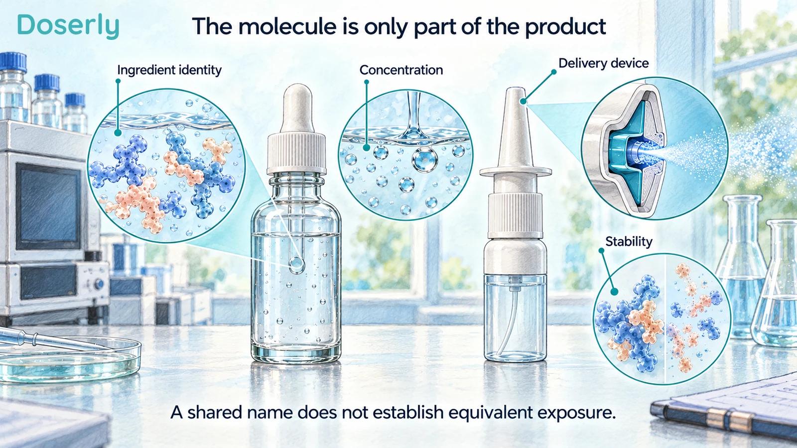 A dropper bottle and nasal spray beside conceptual liquid, nozzle and stability details.