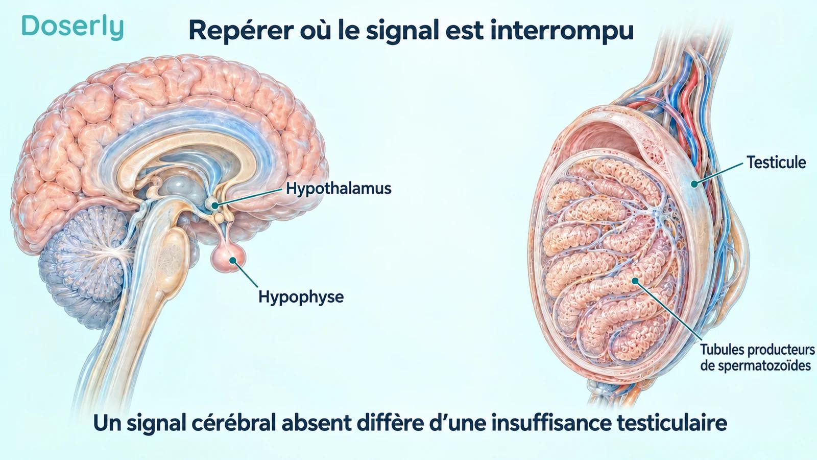 Illustrations détaillées d’une coupe sagittale du cerveau et d’un testicule, situant l’hypothalamus, l’hypophyse et les tubules producteurs de spermatozoïdes à différents niveaux de la signalisation reproductive.