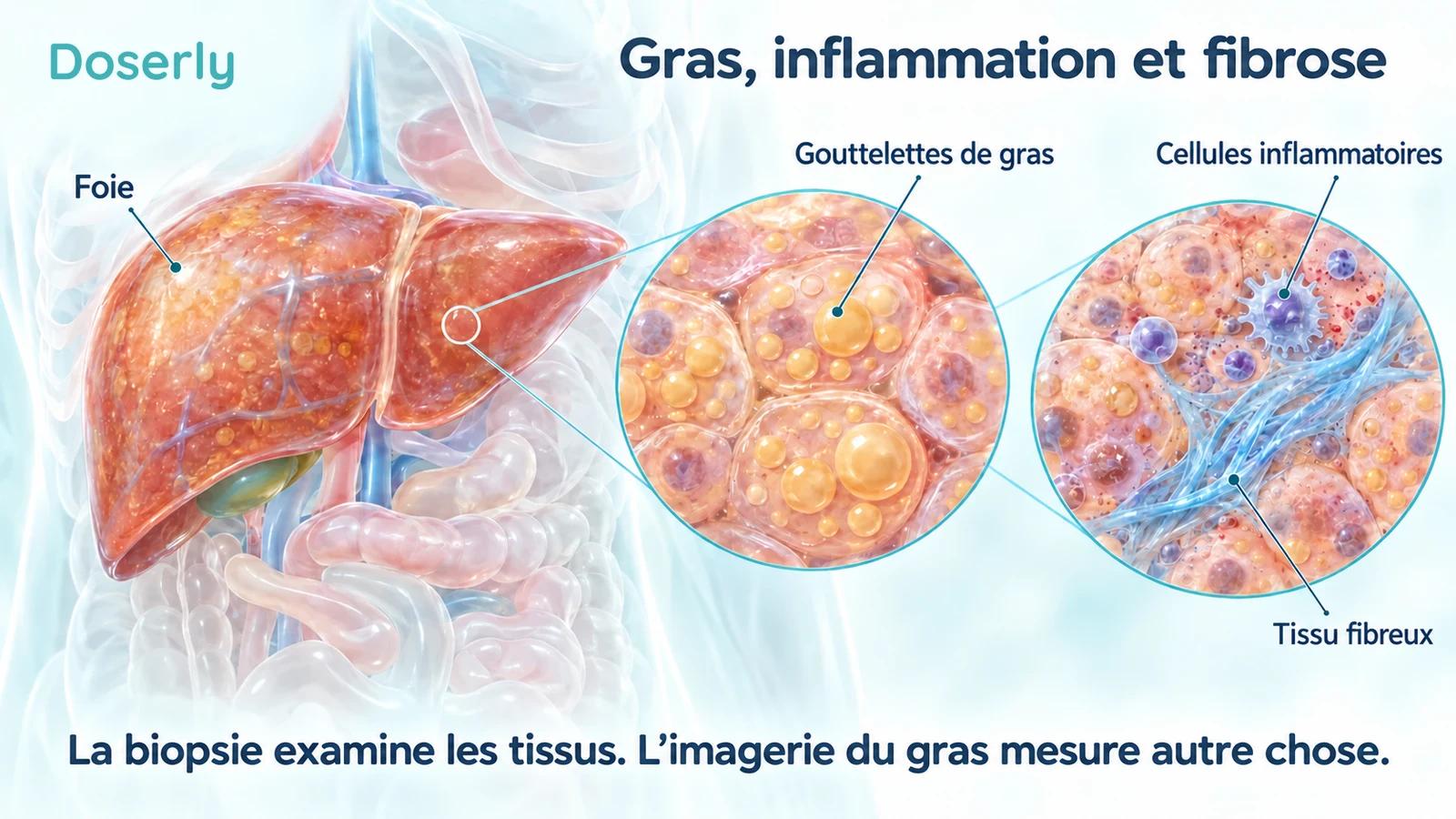 Foie translucide avec agrandissement conceptuel des tissus montrant des gouttelettes de gras, des cellules inflammatoires et des fibres de tissu cicatriciel.