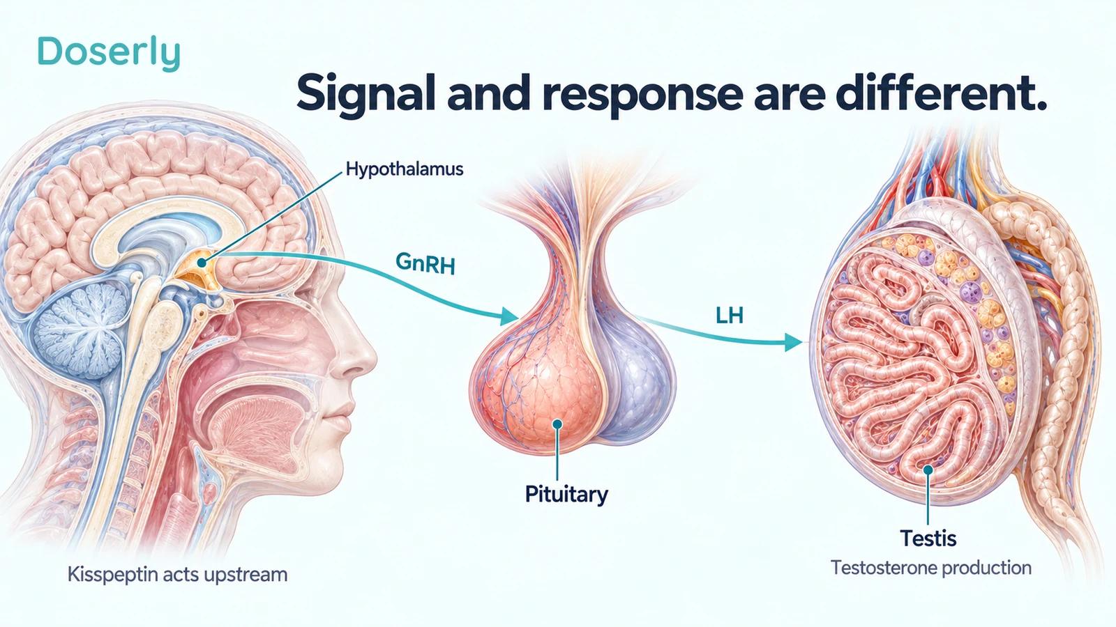 A conceptual brain, pituitary gland and testis illustrate the GnRH and LH signaling pathway to testosterone-producing cells.