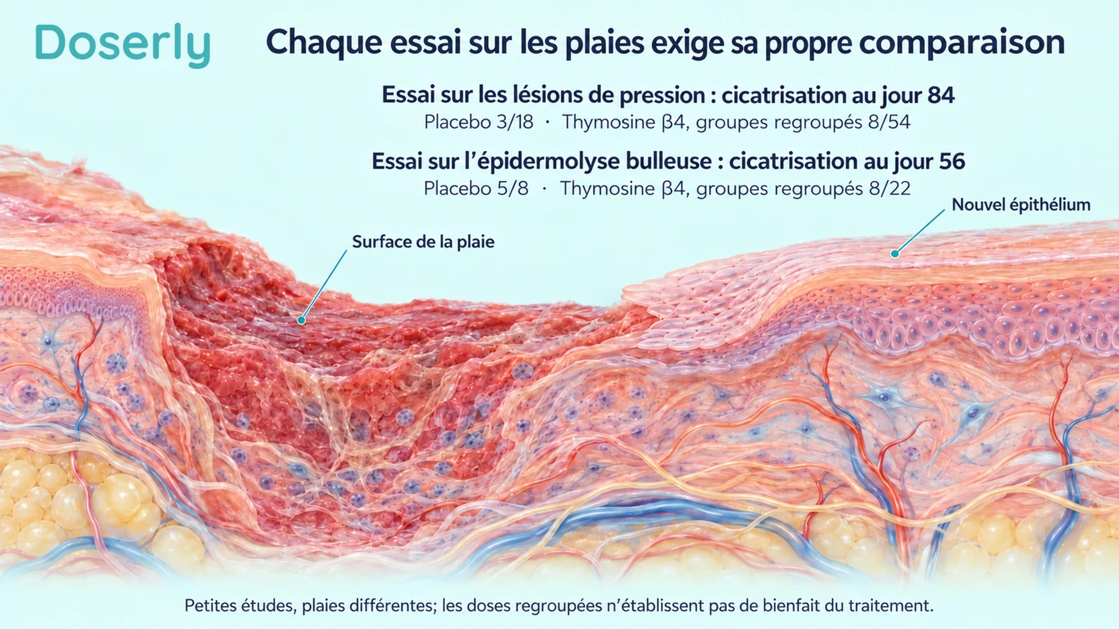 Des coupes de peau accompagnent les nombres de plaies cicatrisées affichés pour deux essais distincts, l’un sur les lésions de pression et l’autre sur l’épidermolyse bulleuse.
