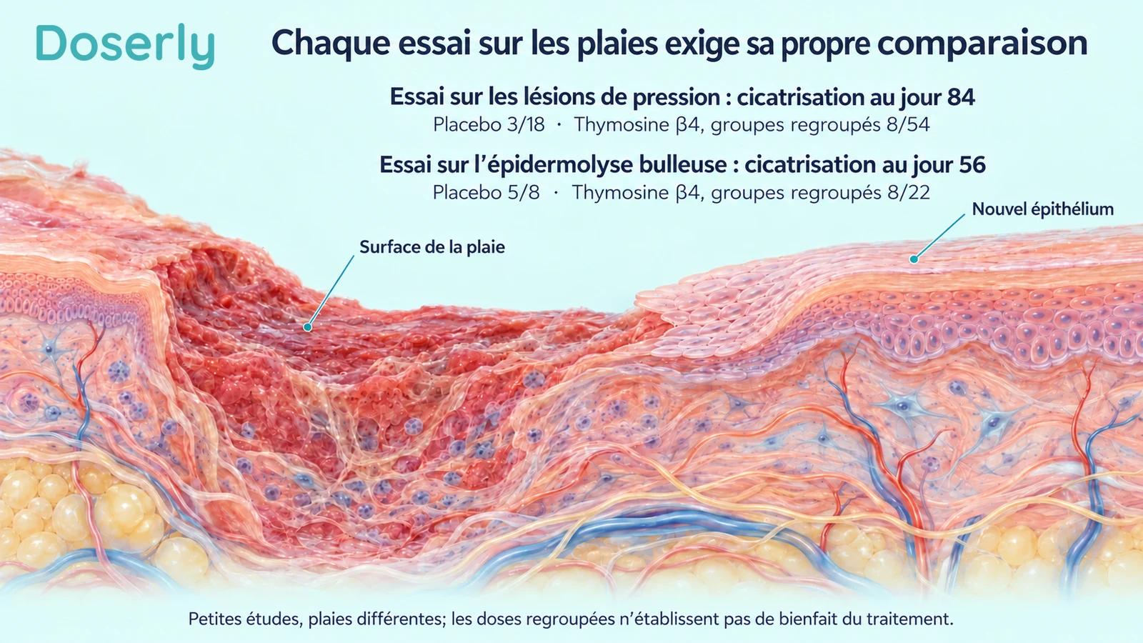 Des coupes de peau accompagnent les nombres de plaies cicatrisées affichés pour deux essais distincts, l’un sur les lésions de pression et l’autre sur l’épidermolyse bulleuse.