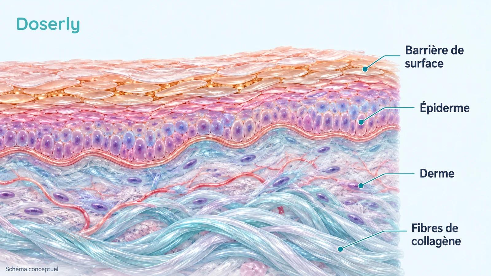 Coupe schématique détaillée de la peau montrant la barrière de surface, l’épiderme, le derme et les fibres de collagène.