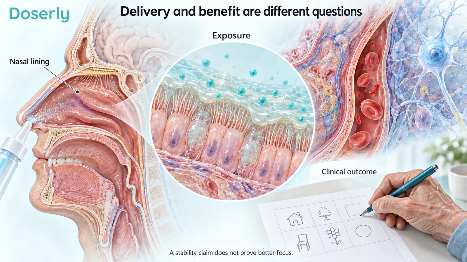 Detailed nasal lining, blood vessel and neuronal tissue alongside a separate performance assessment.