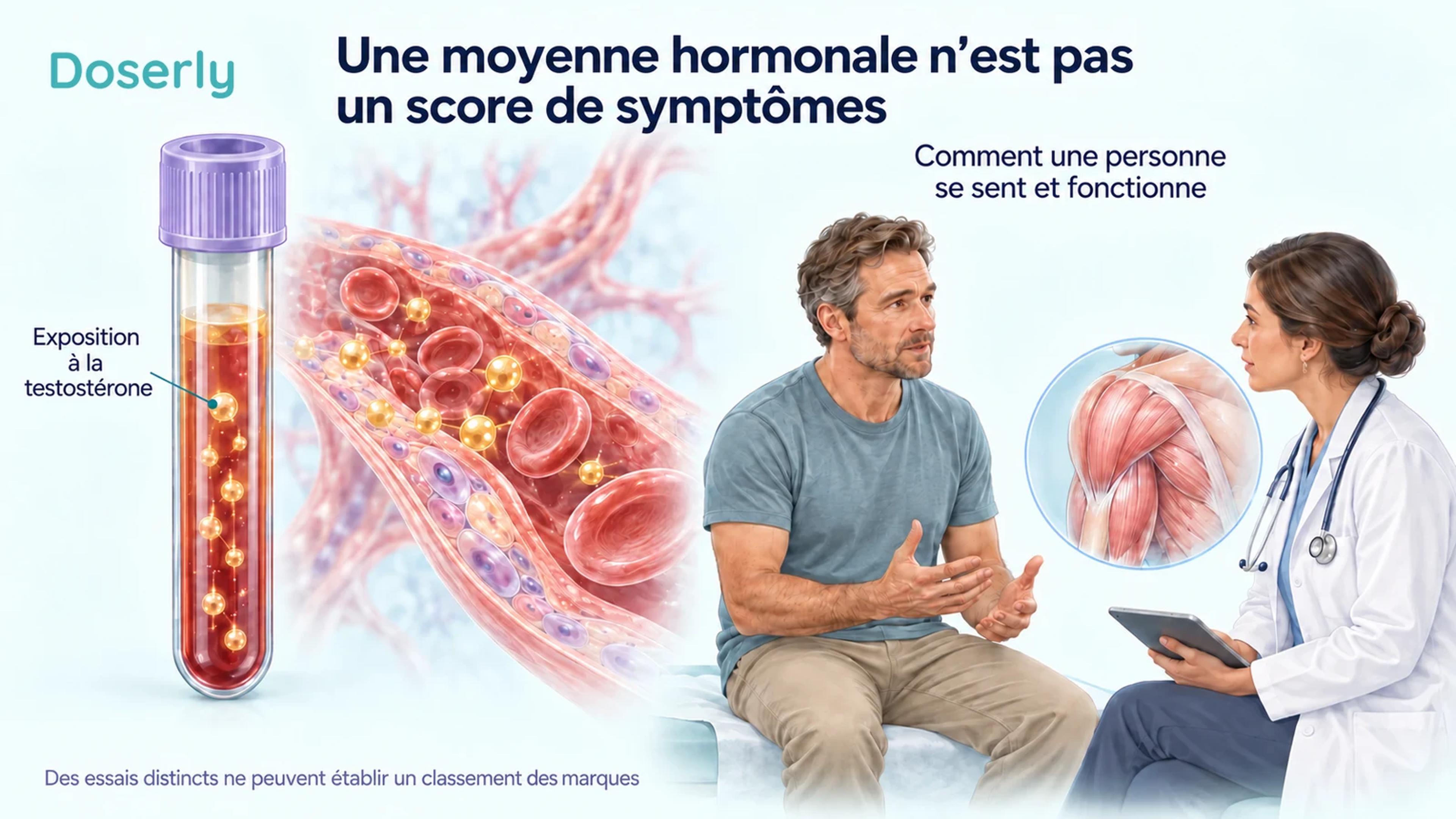 Un échantillon sanguin et un vaisseau agrandi à côté d’une conversation entre patient et clinicien, distinguant l’exposition à la testostérone de la façon dont une personne se sent et fonctionne.
