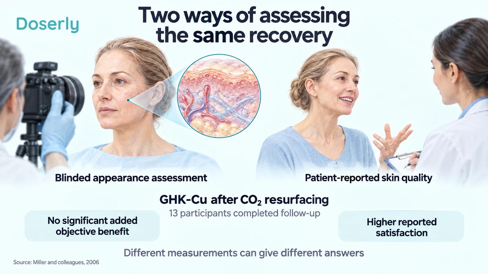 Clinical photography and a patient consultation illustrate the trial's differing objective and patient-reported findings.