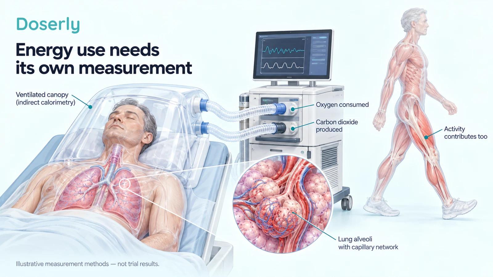 Illustration of a ventilated calorimetry canopy, gas-analysis equipment, lung anatomy and a walking person showing separate ways to assess energy use.