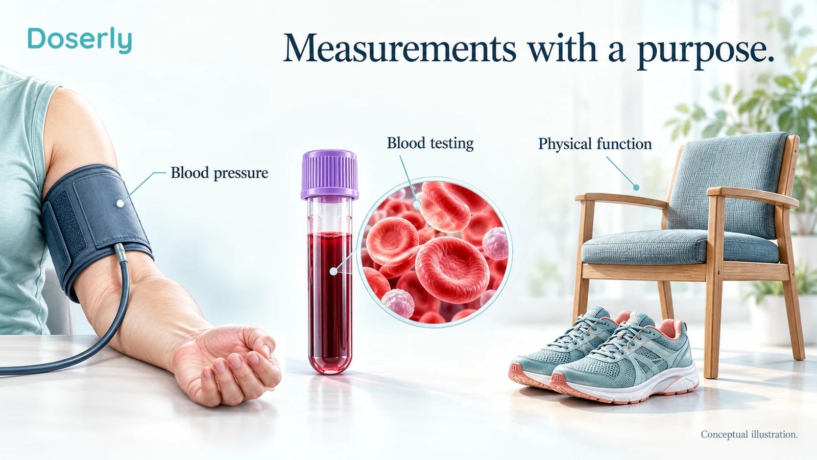 A blood pressure cuff, blood sample and chair illustrate cardiovascular, metabolic and functional assessment.