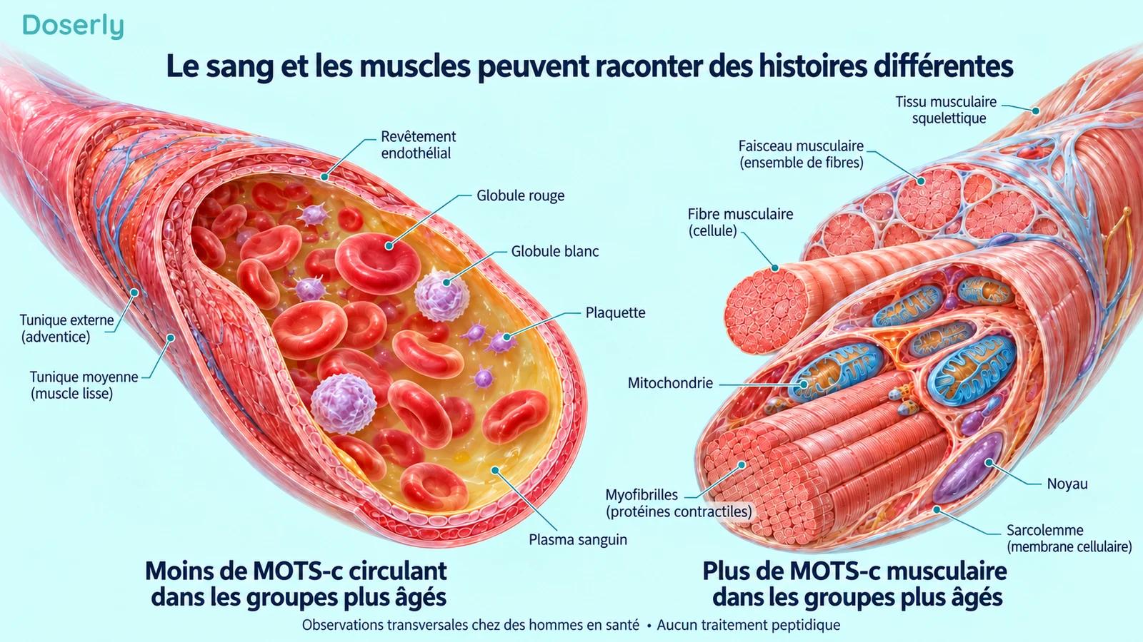 Des illustrations distinctes d’un vaisseau sanguin et d’un muscle montrent les tendances opposées selon le groupe d’âge rapportées pour le MOTS-c circulant et musculaire.
