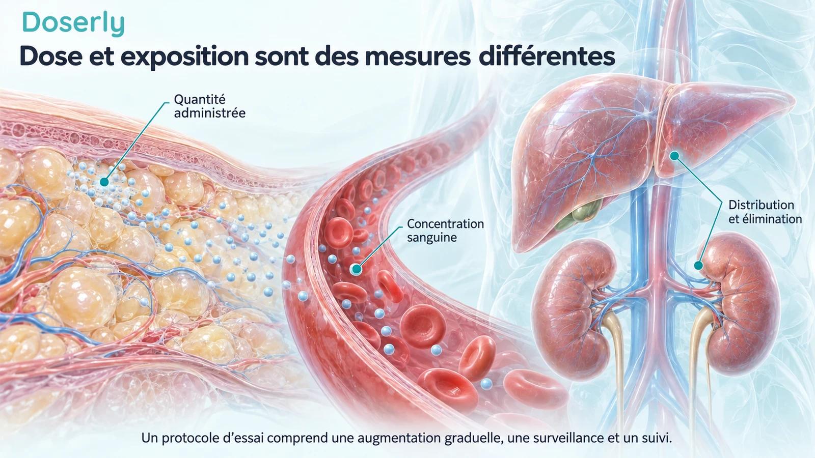 Représentation conceptuelle du tissu sous-cutané, d’un vaisseau sanguin contenant des particules de médicament et de l’anatomie du foie et des reins pour illustrer la dose et l’exposition.