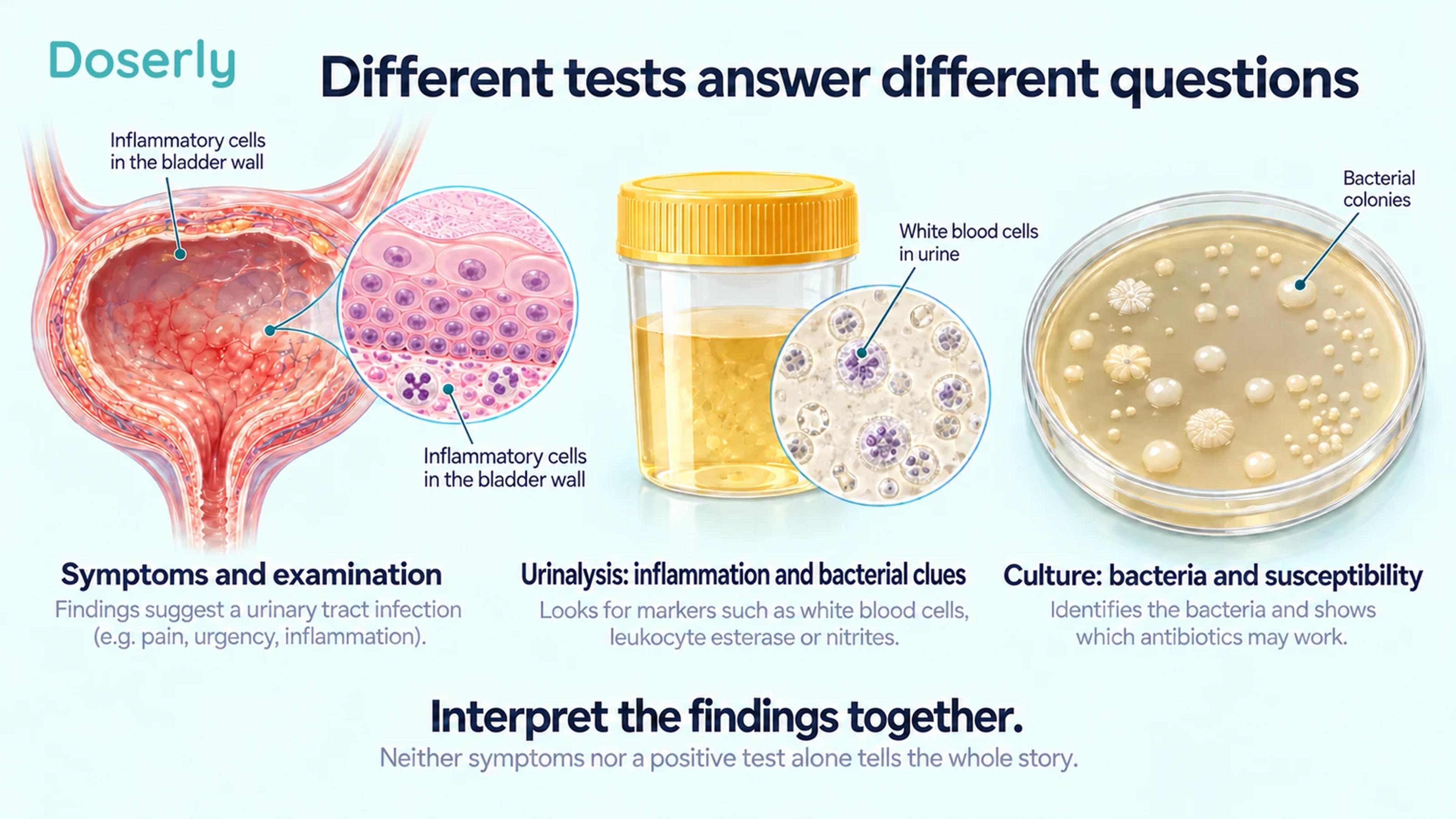 Bladder anatomy, urine microscopy and a culture plate explain how symptoms, inflammation and bacterial testing contribute different information.